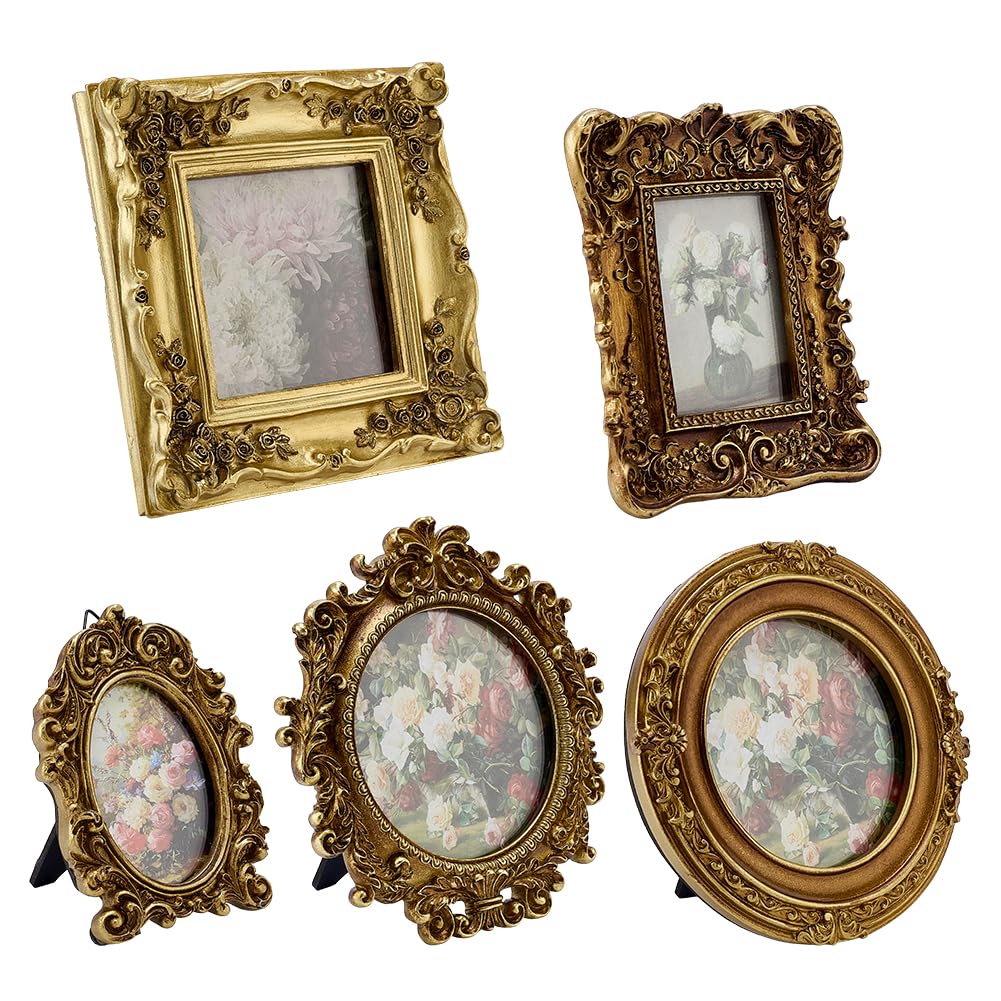 PH PandaHall 5 Stile Kleine Antike Bilderrahmen, Mini Harz Gold Winzige Bilderrahmen Verzierter Vintage Fotorahmen Mit Blumigen Relief Panel Für Zuhause Anzeige