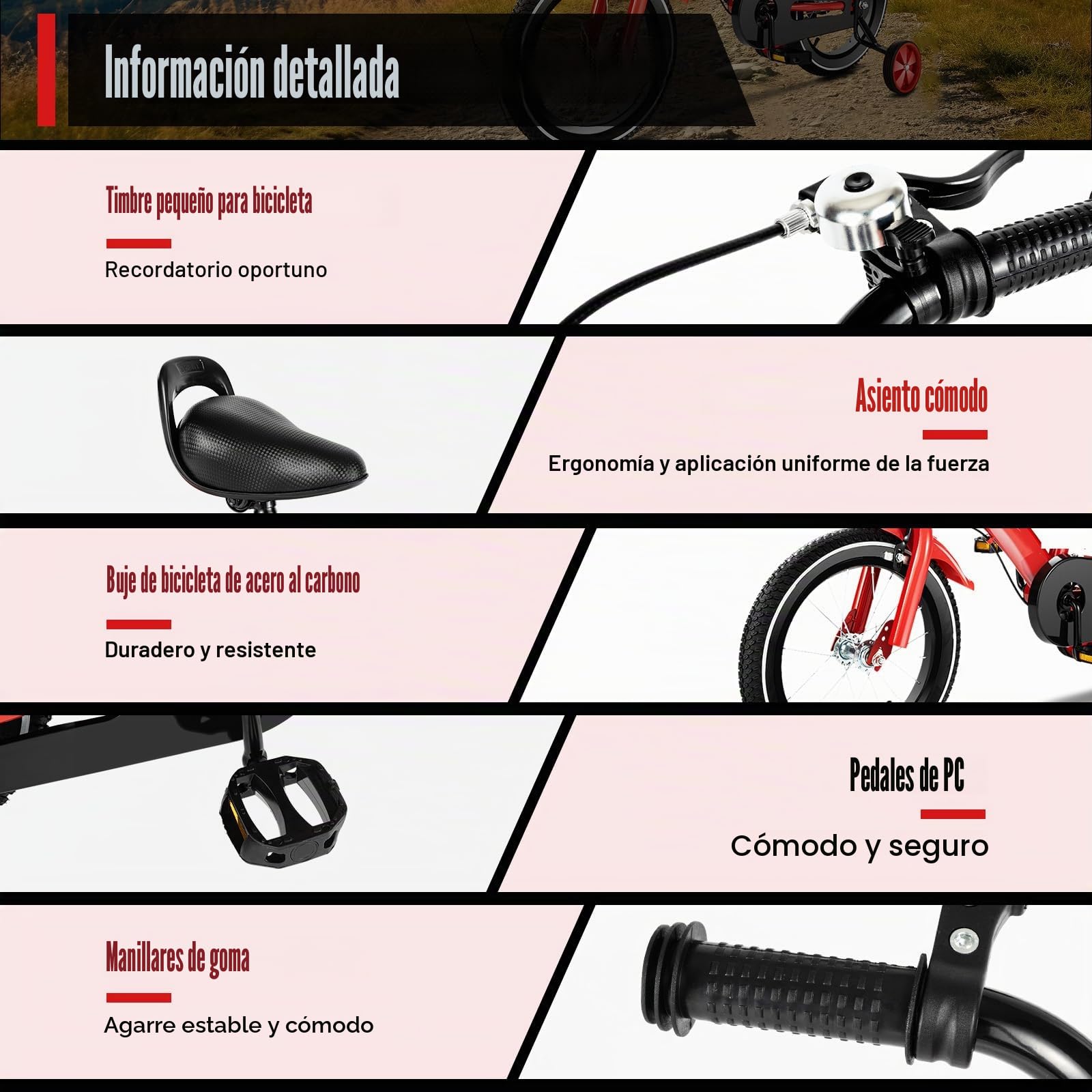 Bicicleta infantil de 14 pulgadas con ruedas de apoyo, bicicleta para niños de 3 a 6 años y niñas, al aire libre, deportivo, bicicleta infantil, color rojo, altura ajustable (95-135 cm)