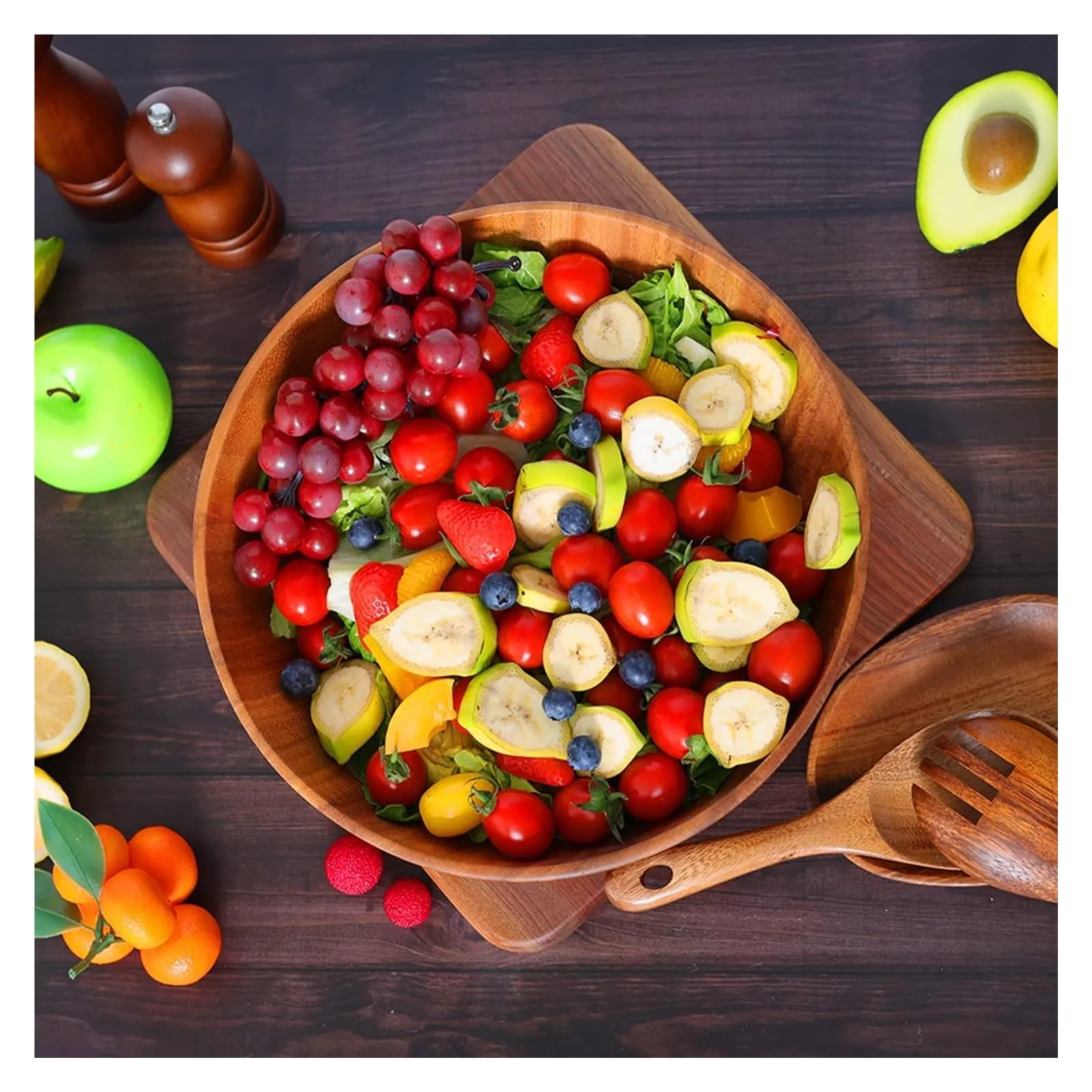 Ensaladera Cuenco de madera Vajilla Hogar y Palangana Plato frutas Ensalada Sopa entera(Bowl 22x7.5cm)