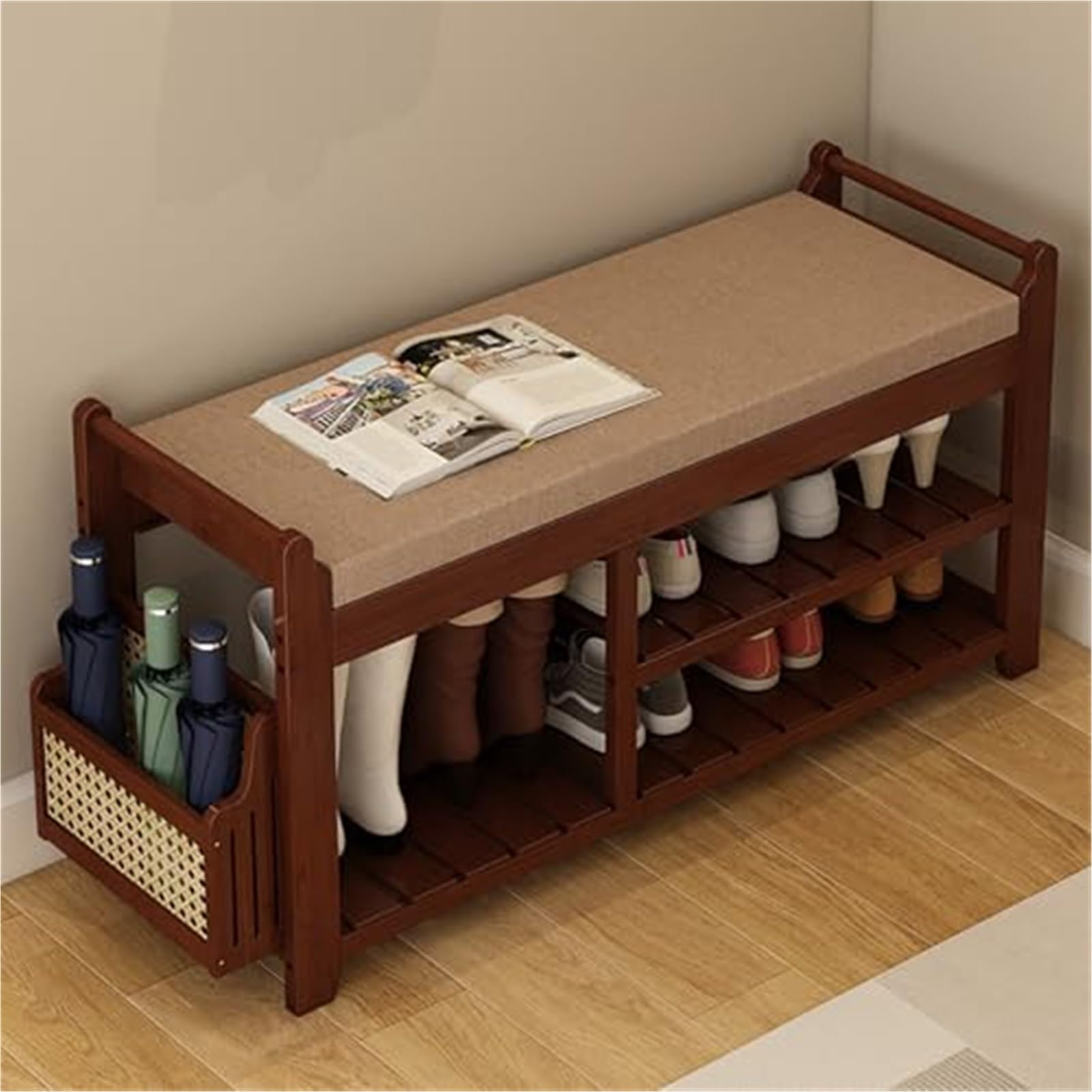 Banc à chaussures en bambou marron avec armoire de rangement intégrée
