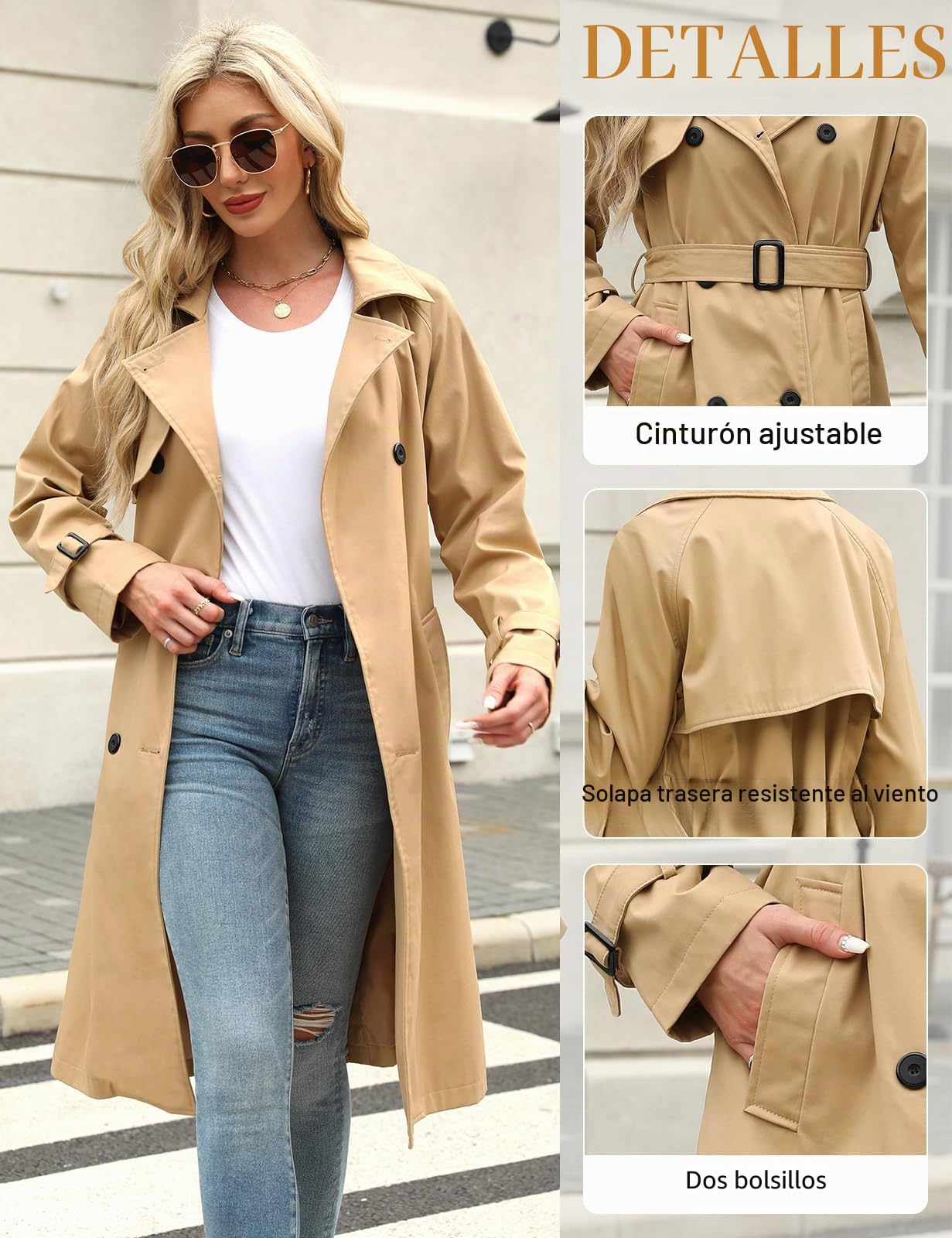 Tuopuda Gabardina para mujer Casual Abrigos con Cinturón Larga Gabardina mujer de Cuello Solapa Clásica Doble Botonadura Cortaviento Trench Chaqueta Primavera Otoño Abrigos