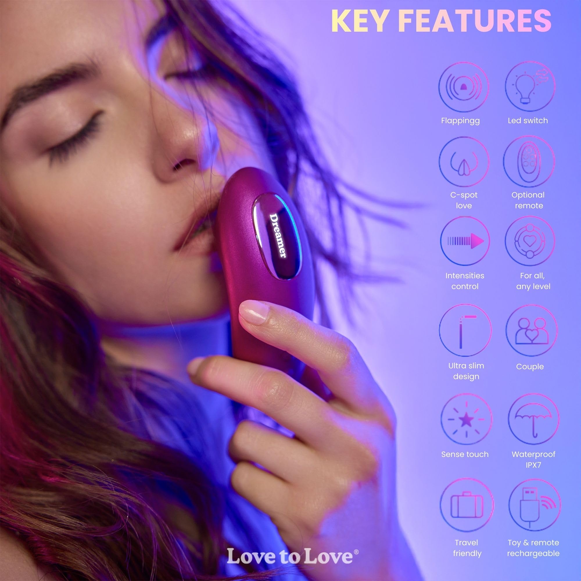 Love to Love Dreamer stimolatore clitorideo – ultra sottile con Flapping Design, modalità Sense Touch, telecomandato, LED, ricaricabile, impermeabile IPX7