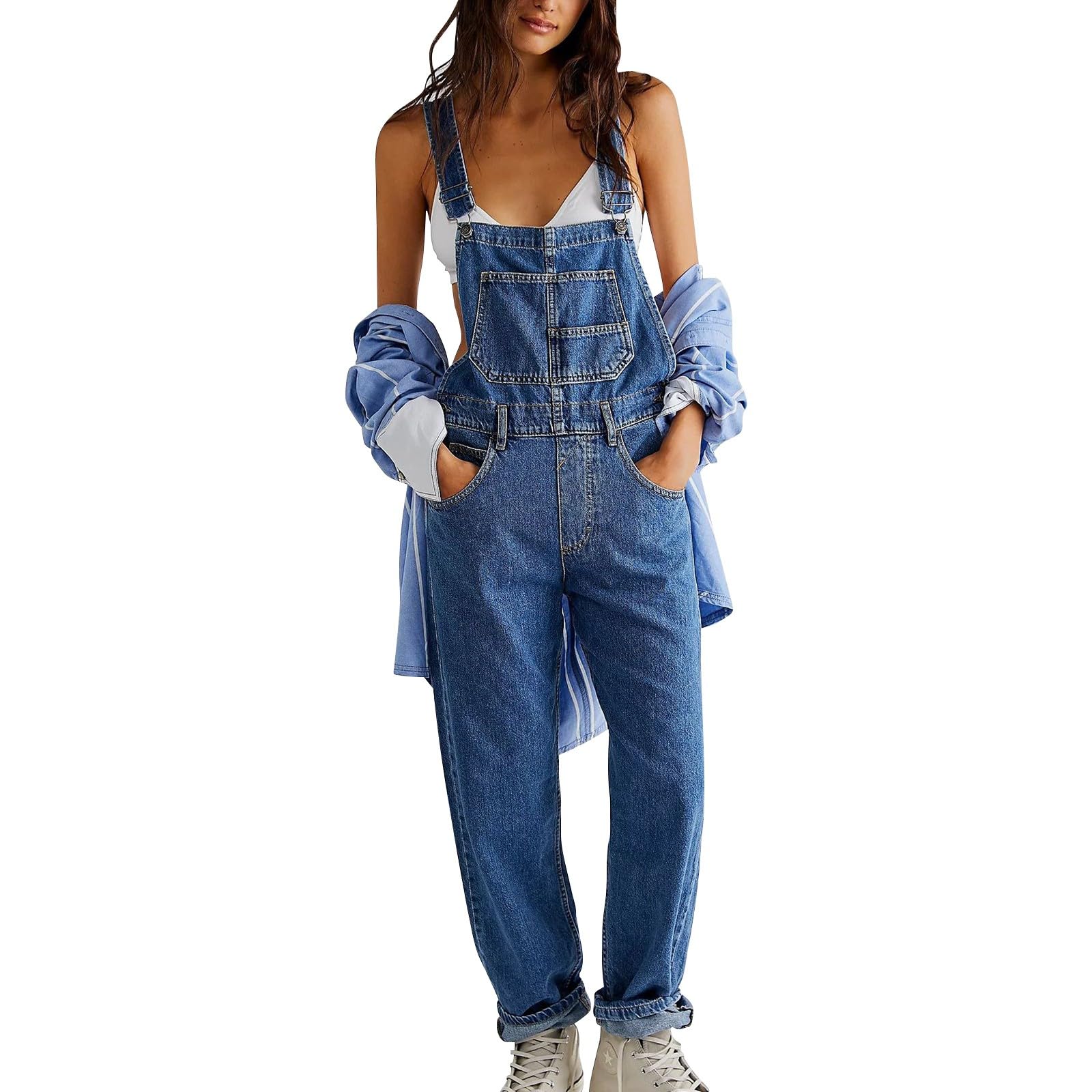 Salopette da donna lunghe, oversize, pantaloni da lavoro da donna, blu, jeans a percussione, a vita alta, con tasche, pantaloni da lavoro retrò, senza maniche, tuta estiva elasticizzata.