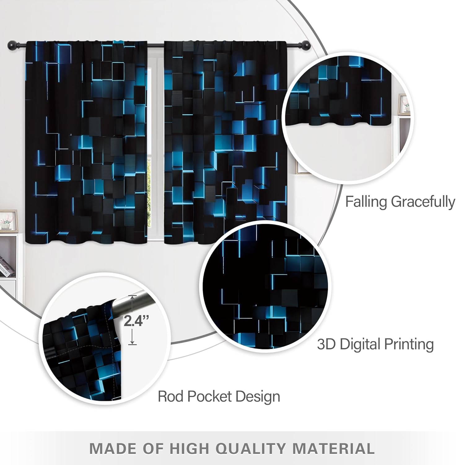 Riyidecor Black Blue Curtains Modern Abstract 3D Brick Wall Cubes Gradient Geometric Minimalism Plaid Simple Cool Rod Pocket Men Boys Teens Bedroom Living Room Treatment Fabric 2 Panels 42Wx45H Inch