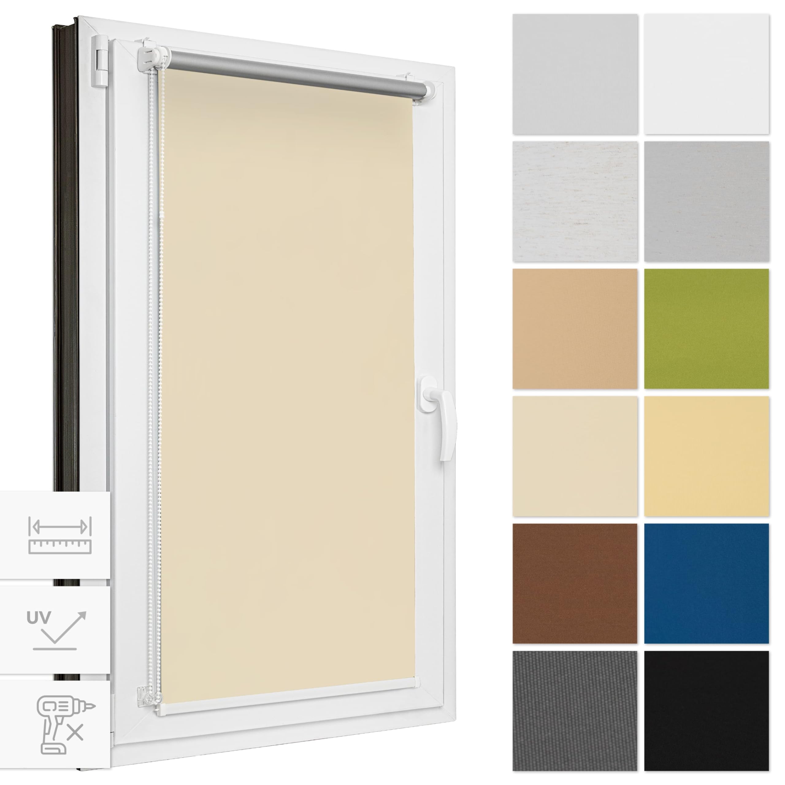 Estika Verdunklungsrollo ohne Bohren, Breite alle 1 cm - 108 cm x 150 cm - Ecru - Thermorollo, Rollos für Fenster ohne Bohren, Sonnenschutz Fenster innen