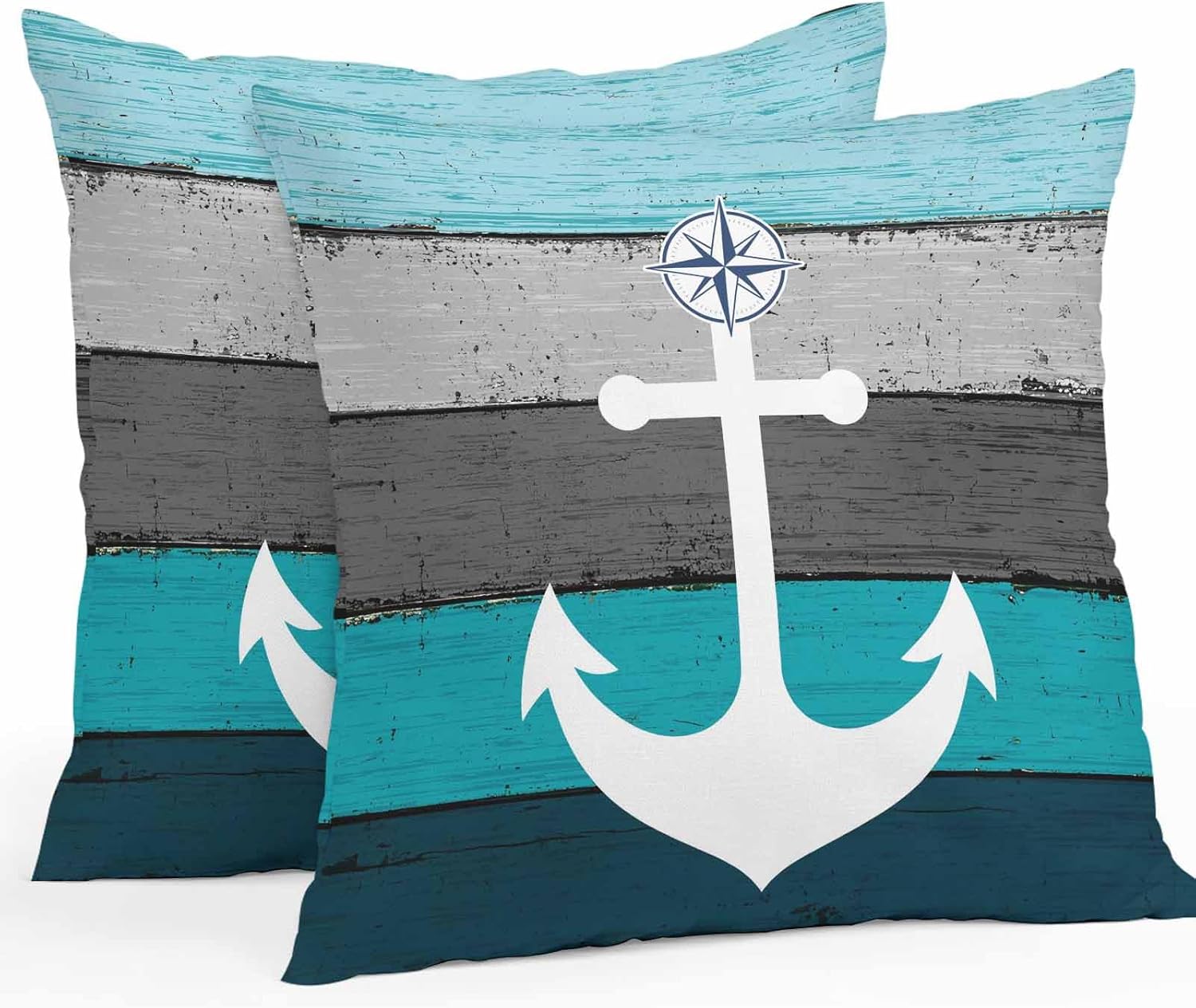 Outdoor Waterproof Throw Pillow Cover White Compass Anchor Nautical Theme Decorative Pillows Cushion Covers Teal Grey Wooden Plank 2 Pack Pillow Cases for Patio Garden Balcony Couch Sofa 16x16In