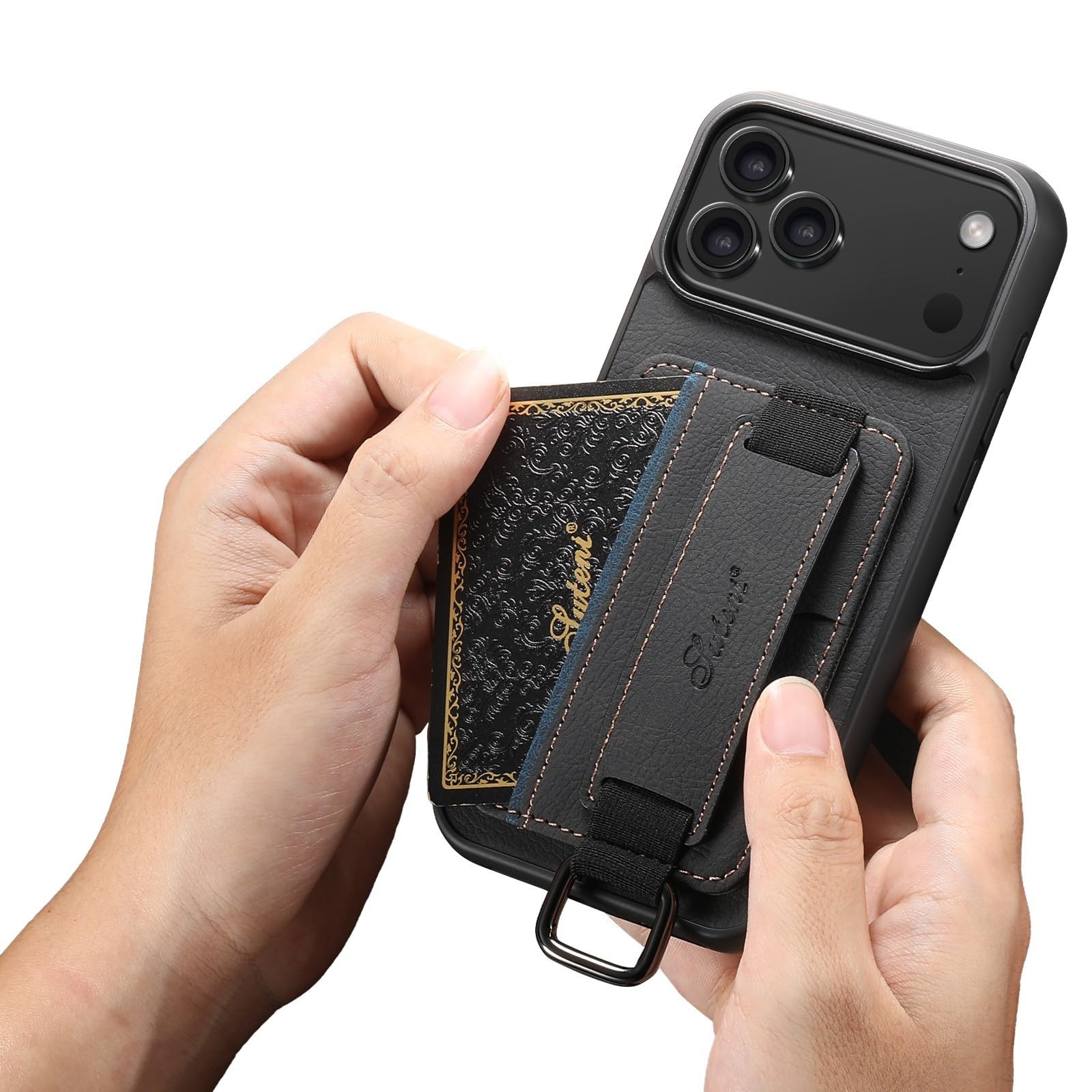Generic Funda compatible con iPhone 15 (color: negro), cartera de piel, correa de mano, funda trasera de silicona
