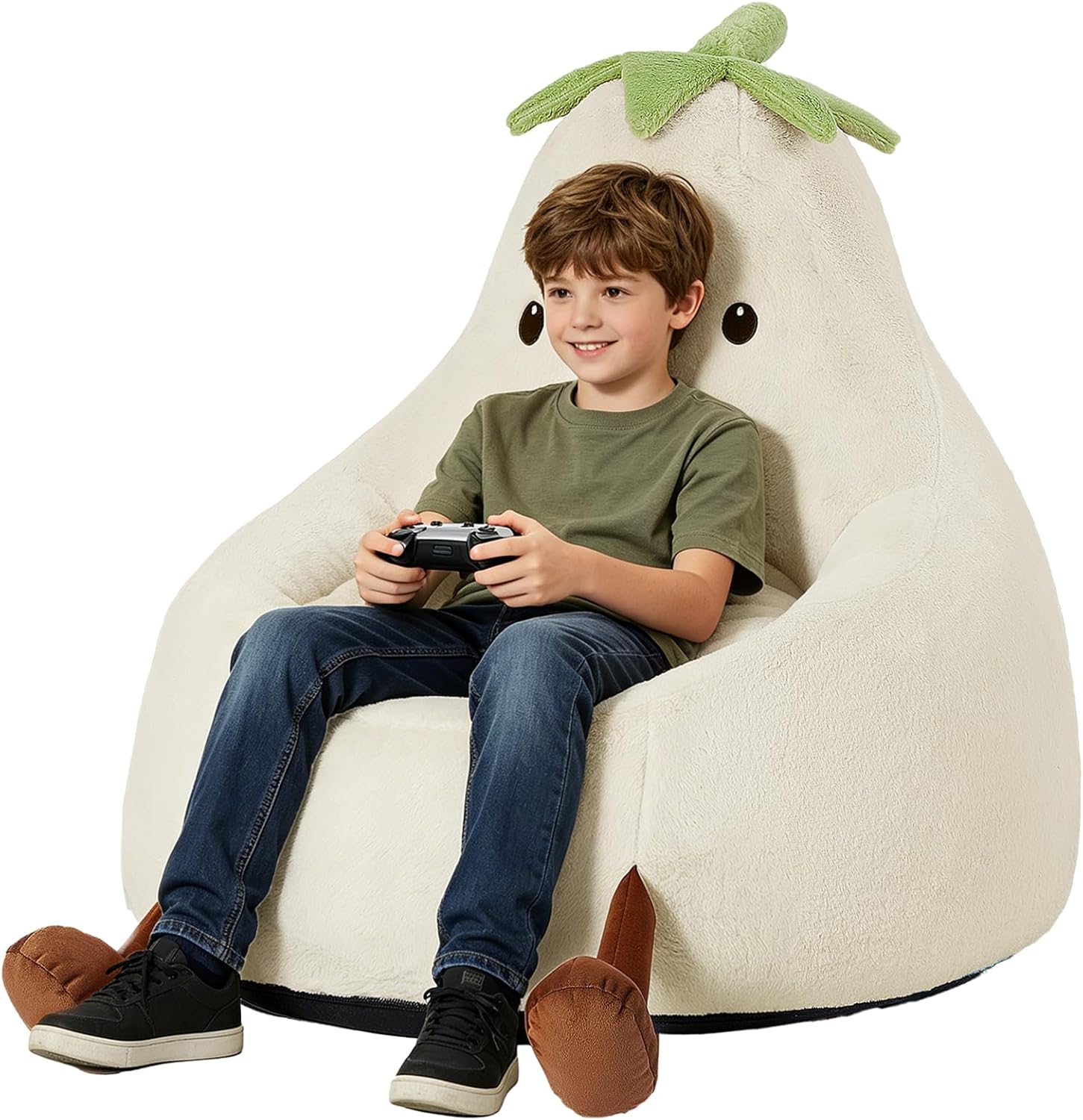 31 Inches Memory Foam Bean Bag Chair - Ultra Soft Faux Rabbit Fur Round Sofa with Handle & Machine Washable Cover, Eggplant-Shaped Kids Reading Chair for Bedroom, Living Room and Playroom, Beige