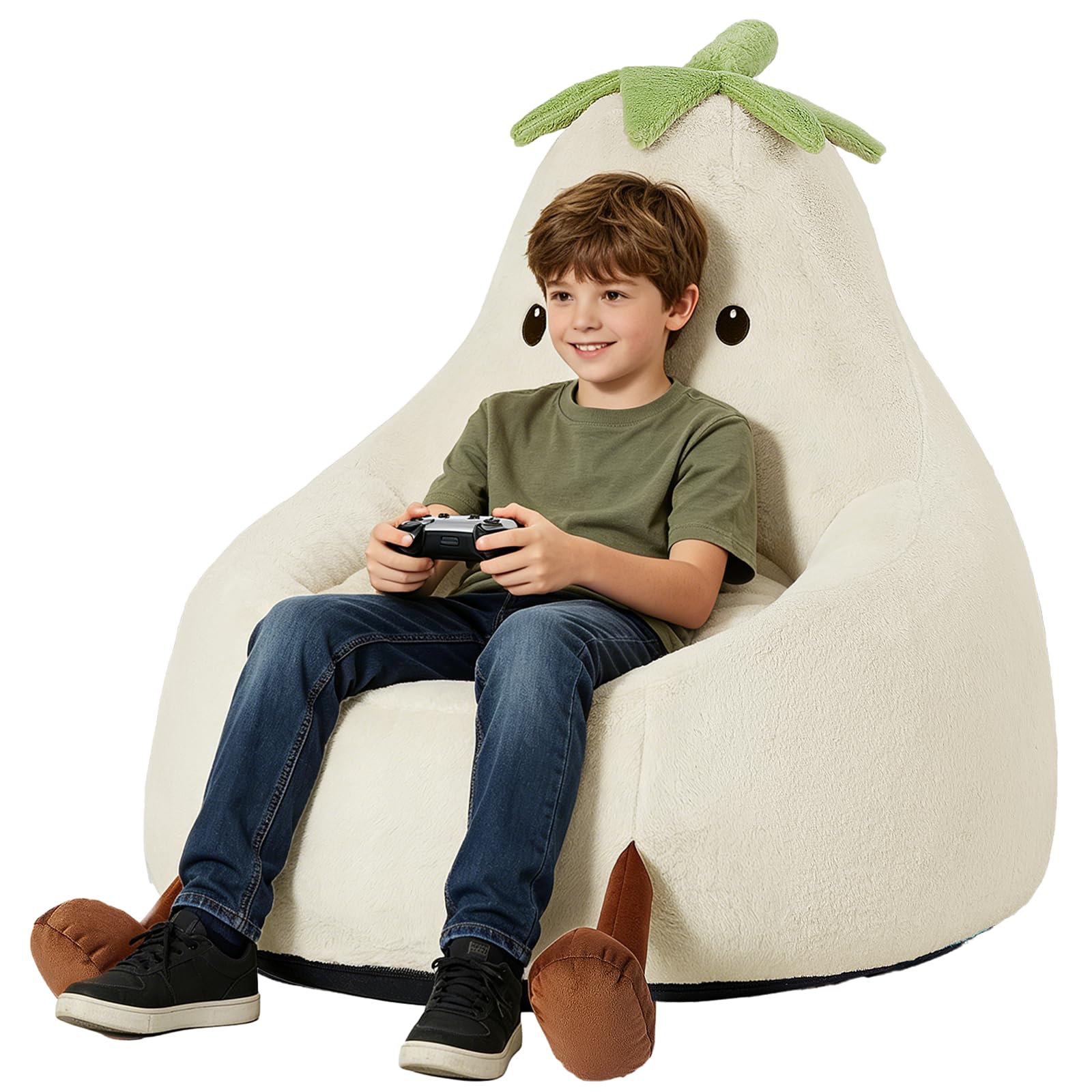 31 Inches Memory Foam Bean Bag Chair - Ultra Soft Faux Rabbit Fur Round Sofa with Handle &amp; Machine Washable Cover, Eggplant-Shaped Kids Reading Chair for Bedroom, Living Room and Playroom, Beige