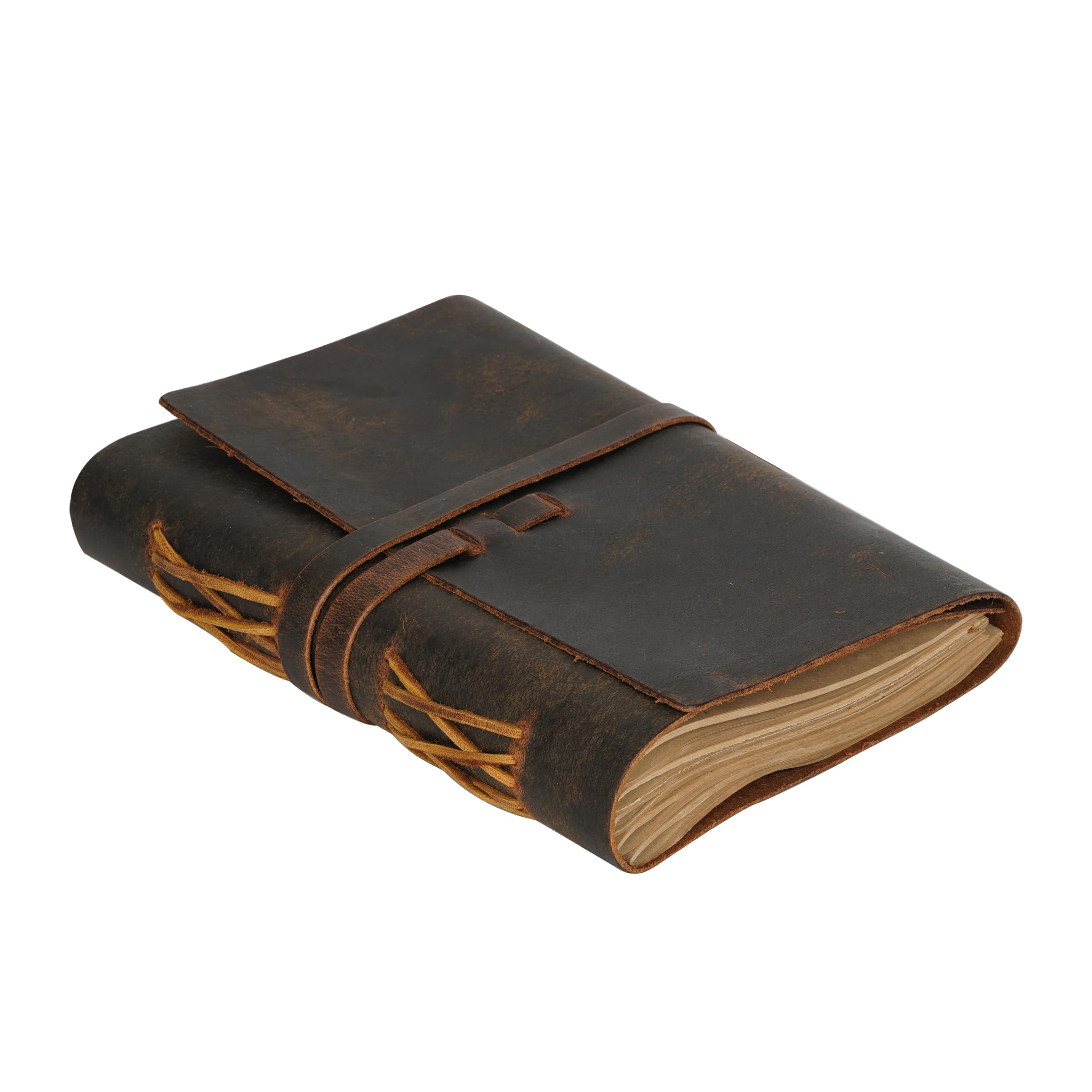 LEATHER VILLAGE Genuine Leather Bound Journal Writing Notebook for Men Women - Daily Writing Notepad Lined Paper 300 Kraft Pages, Handmade, Rustic Brown, 8 X 6 in (A5)