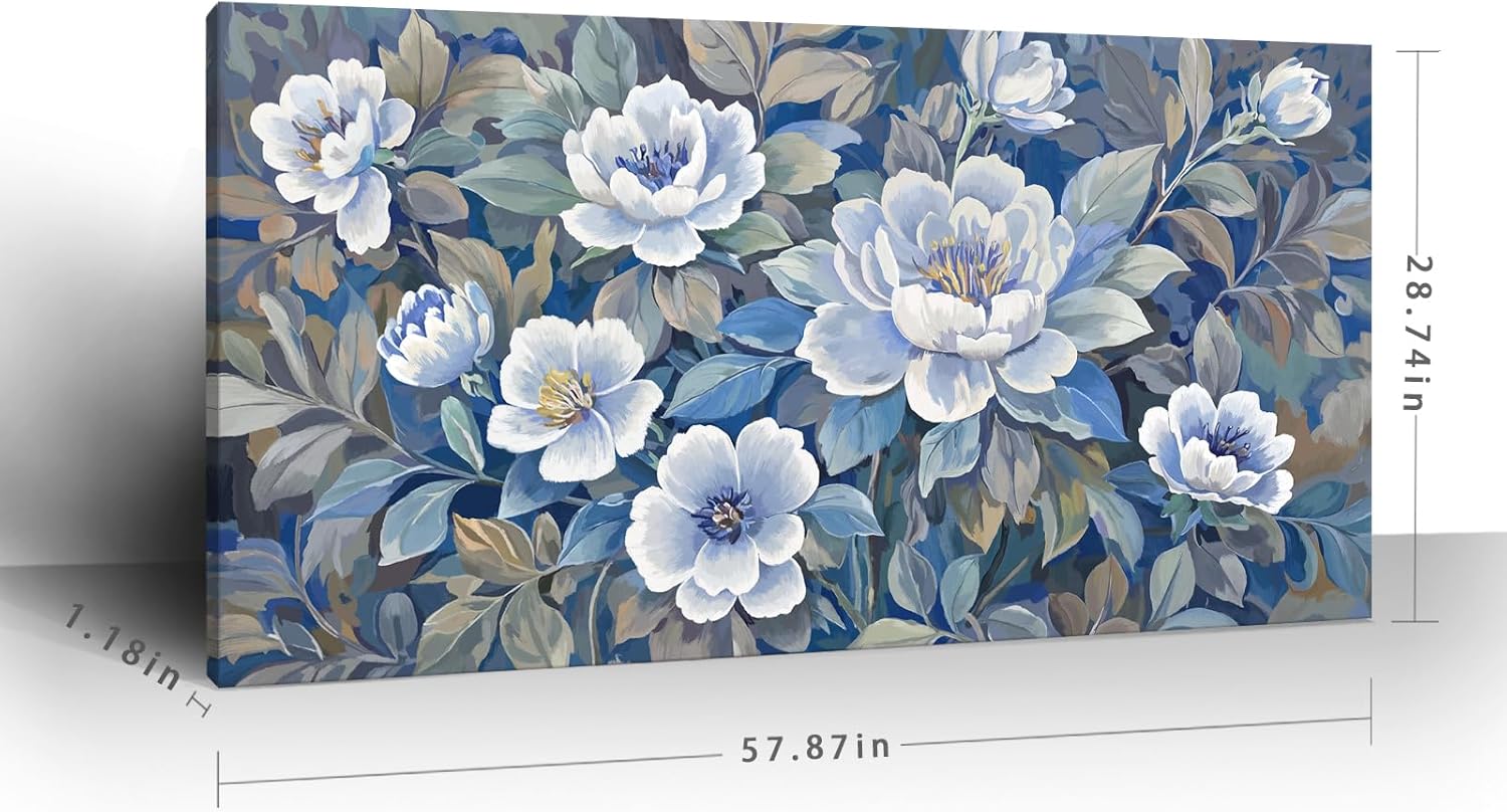 ARTZON Oversized Wall Art Flower Pictures Wall Decor – Blue and White Peony Blossom Extra Large Canvas Prints Vibrant Botanical Nature Artwork for Living Room Women Bedroom Dining Room 58x29 Inch