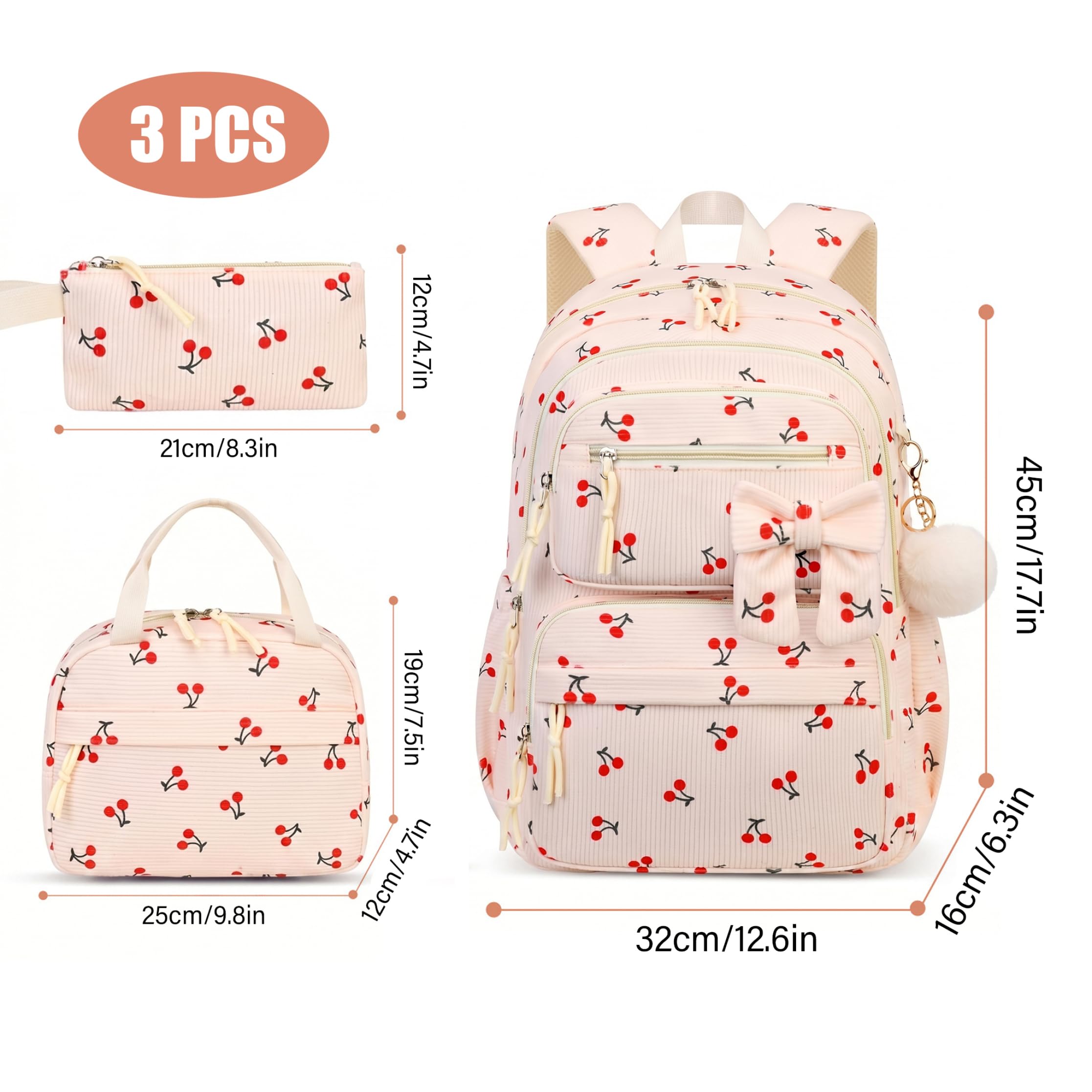 Juego de 3 mochilas de pana con diseño de cerezas para niñas y mujeres, incluye bolsa para el almuerzo y estuche para lápices, mochila escolar moderna con estampado de frutas, color beige