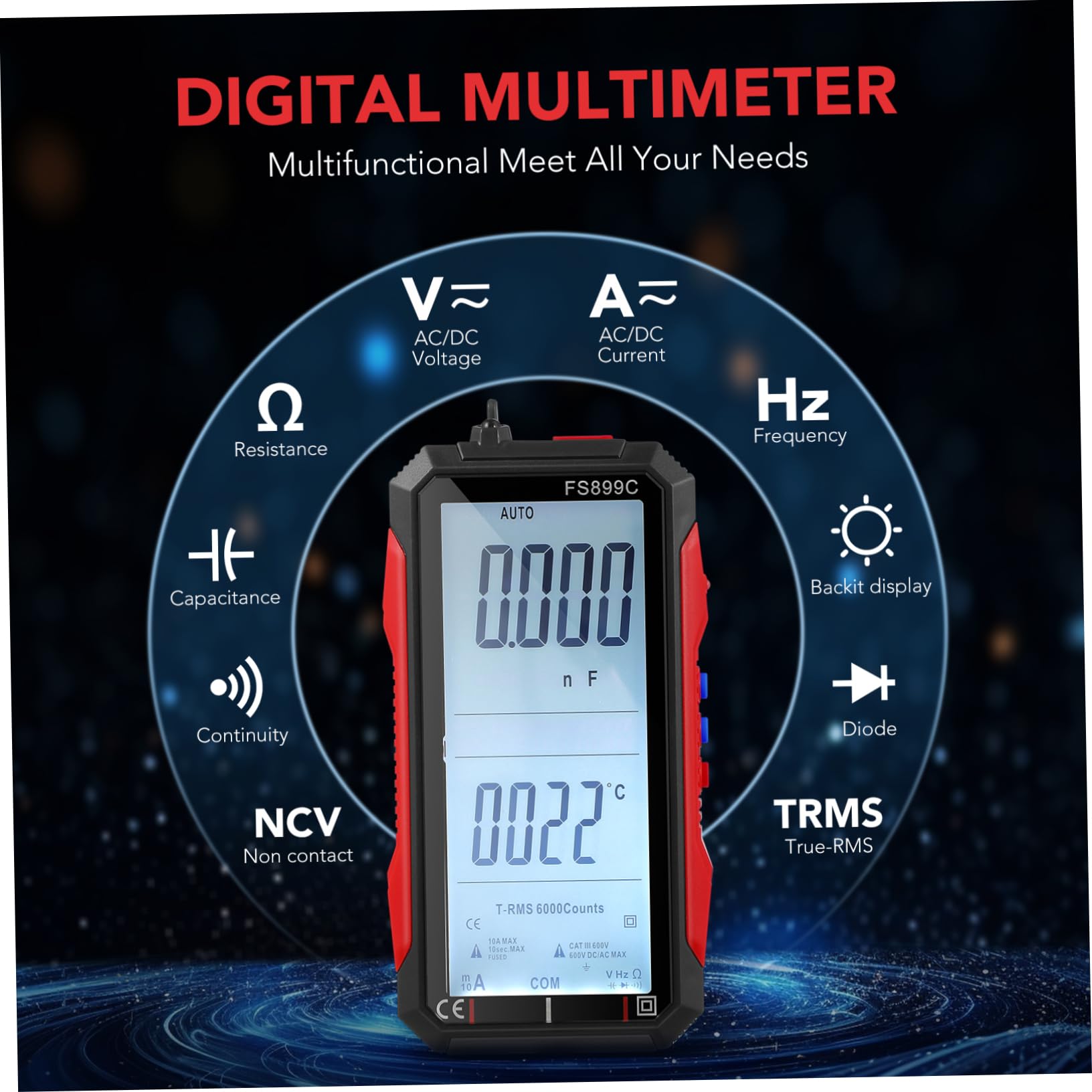 Uonlytech Multímetro Digital Inteligente de Alta Precisión, Medición Automática, Pantalla Grande y Carga Usb, Comprobador Electrónico Portátil para Uso Doméstico