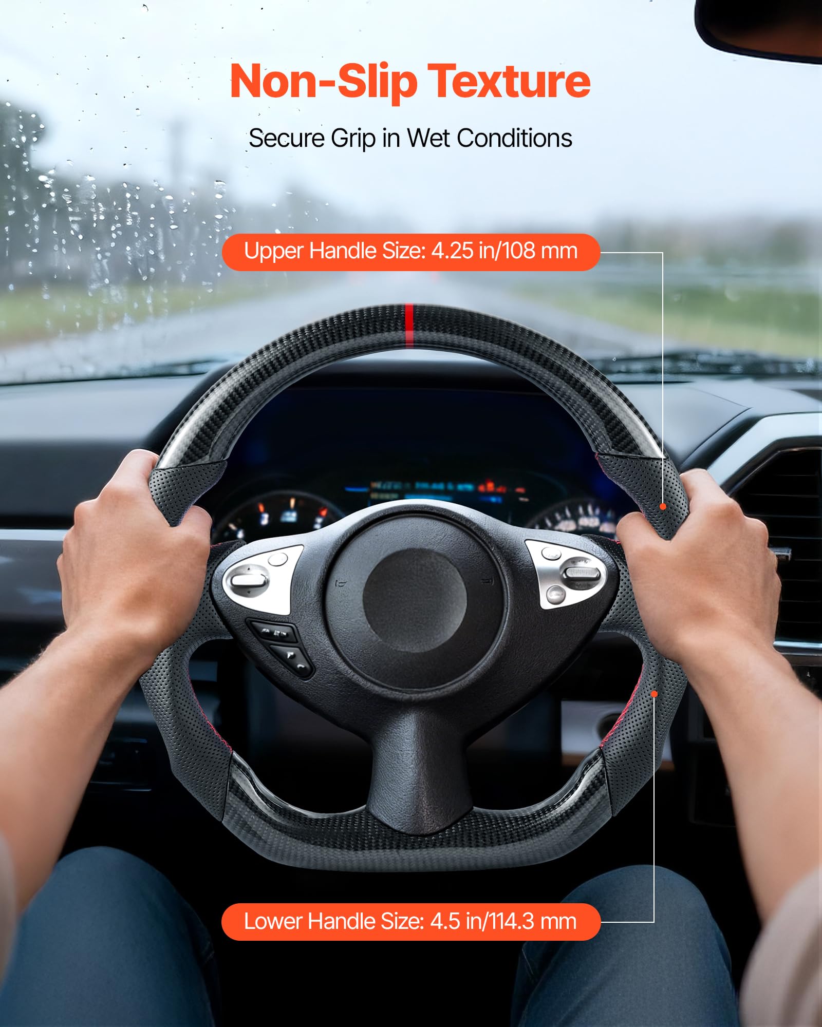 VEVOR Volant Compatible avec Nissan 370Z (2008-2020), Volant de Direction en Fibre de Carbone, Forme en D, Méplat, Poignée en Cuir avec Texture Antidérapante et Coutures Précises, Remplacement, Noir