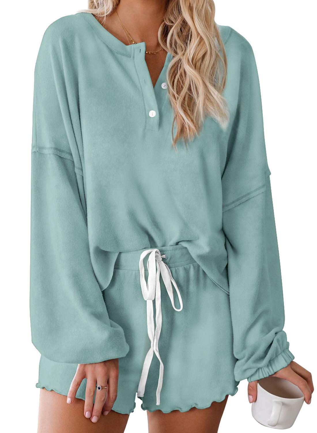 T1FE 1SFE Women's Pajamas Lounge Sets Tie-Dye Long-Sleeve Tops and Ruffle  Shorts PJ Set Comfy Loungewear Sleepwear