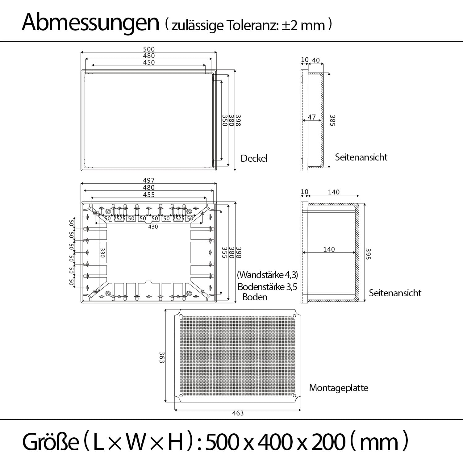 LeMotech Scatola di distribuzione impermeabile, IP65, alloggiamento in plastica ABS, con piastra di montaggio, supporto da parete, coperchio incernierato e connettore impermeabile, 500 × 400 × 200 mm