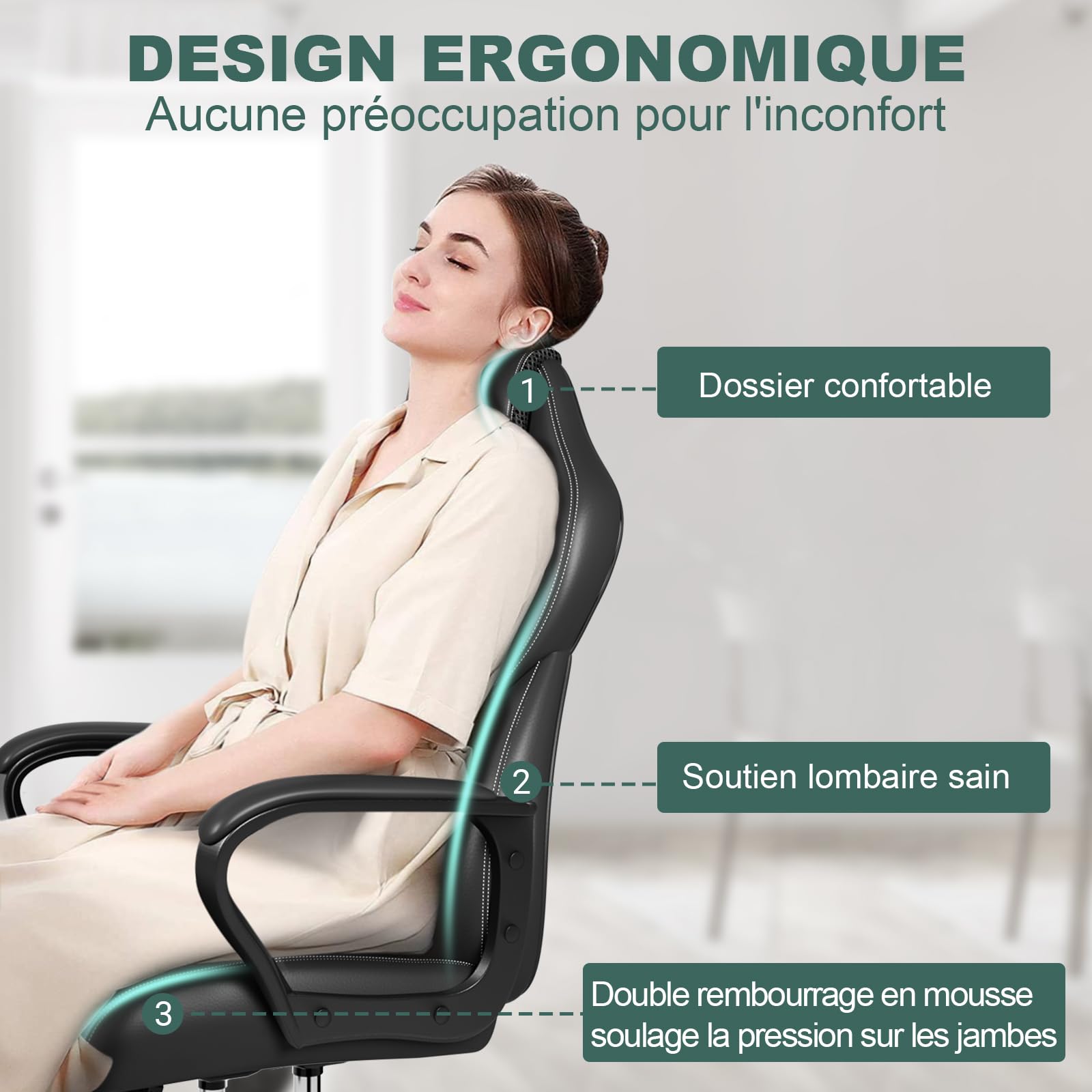Fauteuil de Bureau Confortable en Cuir PU 150kg, Chaise Ergonomique avec Accoudoirs Rembourrés et Fonction Bascule, Noir Pivotant