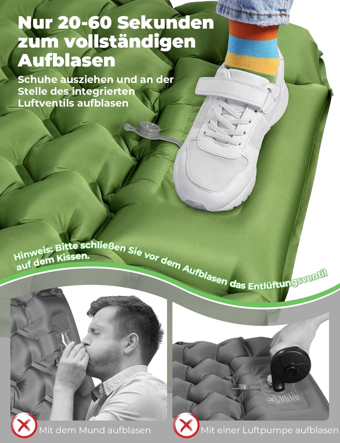 Glymnis Isomatte Camping Aufblasbare Luftmatratze mit Fußpresse Pumpe und Kissen, Wasserdicht Luftmatratze Outdoor, Anti-Ripstop Schlafmatte für Wandern Reisen Camping