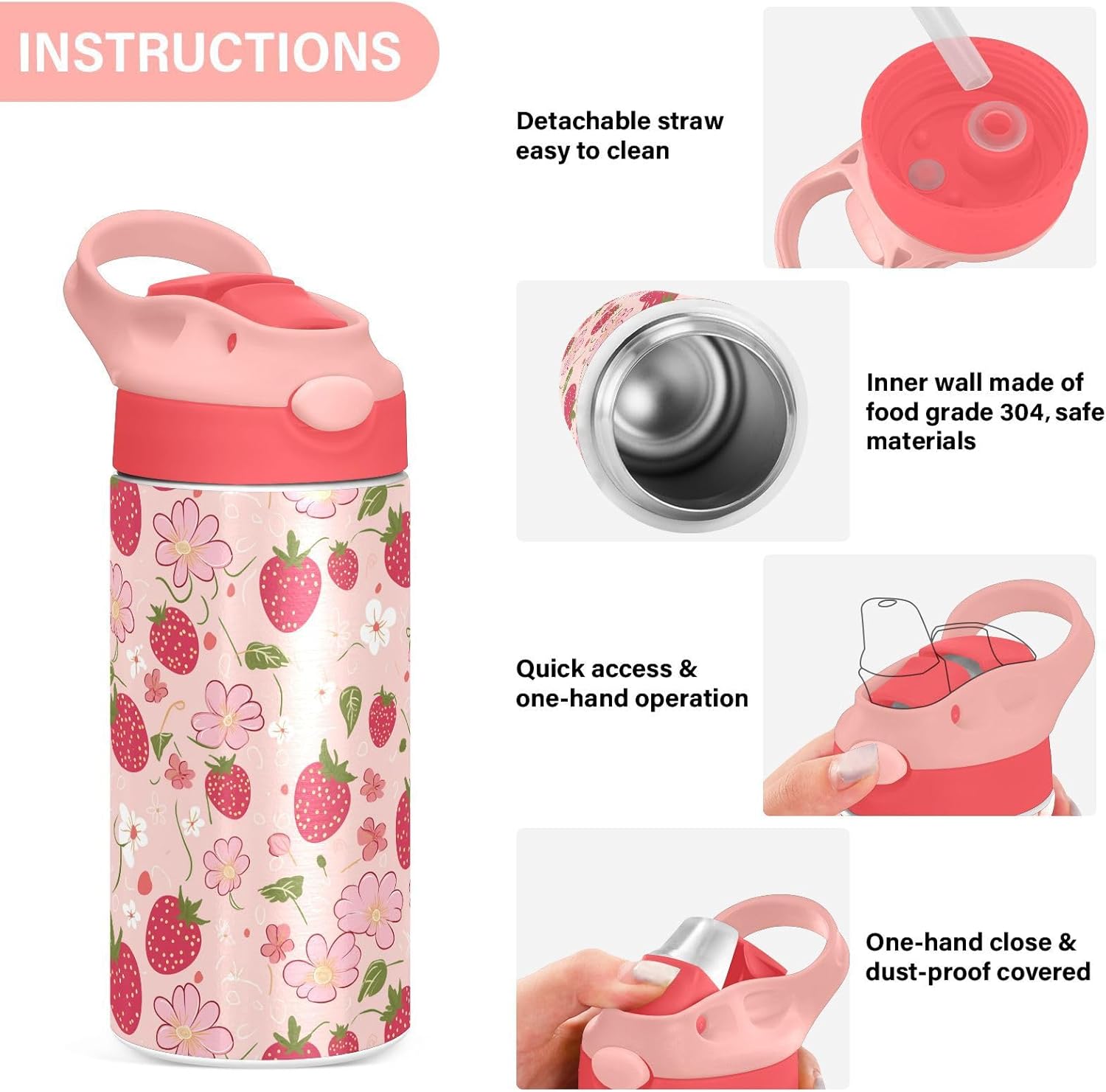 Strawberry Flowers Cute Girls Water Bottle with Straw and Carry Handle Pink Vacuum Insulated Stainless Steel Bottles Leak-Proof for Kids Boys Toddler 12 oz Pink Lid
