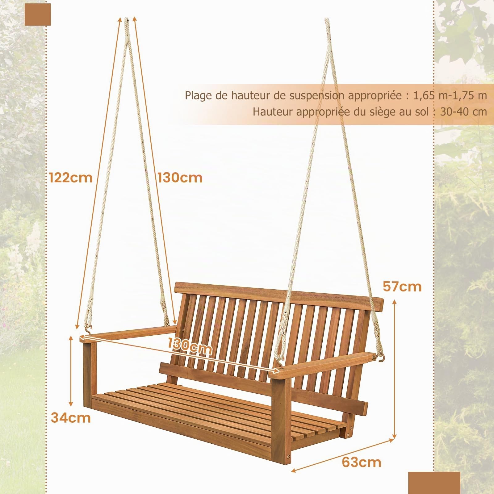 GIANTEX Banc suspendu, balançoire 2 places, balançoire d'extérieur, balançoire hollywoodienne en bois d'acacia massif, balançoire de porche, balançoire de jardin à suspendre, 130 x 63 x 57 cm, charge