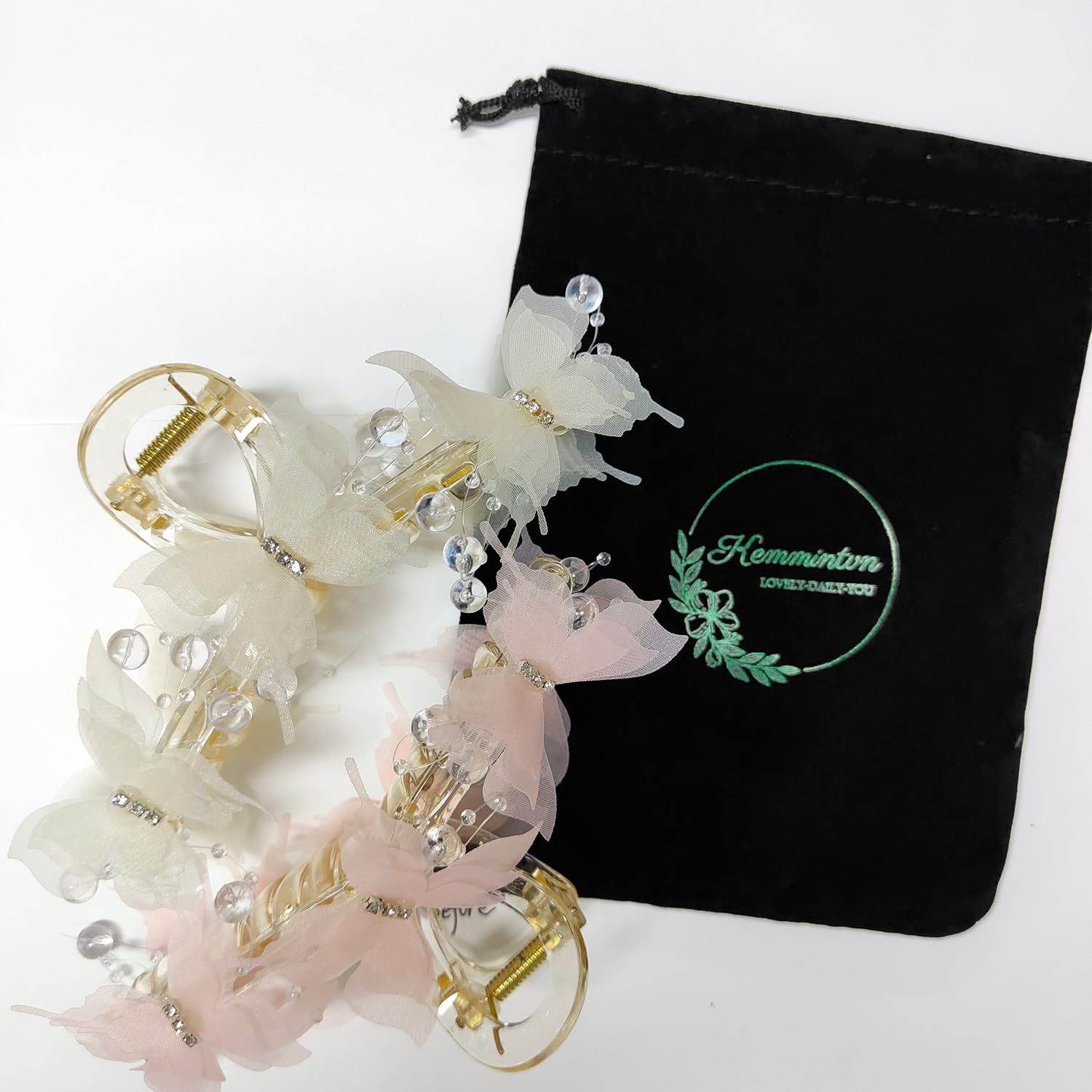 Set 2pcs Elegant Butterfly Hair Clips, Pearl Decorated Crab Claw Hairpins, White Wedding Hair Accessories, 4.92 x 2.55 inches - Image 2