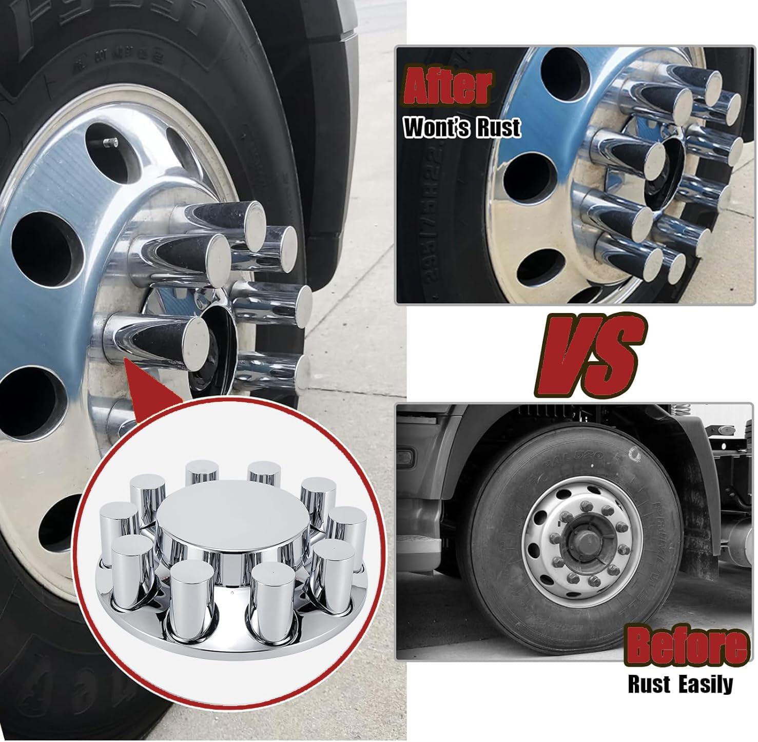33mm Chrome Front Axle Wheel Cover Set for Semi Trucks ABS Plastic Wheel Hub Caps with Screw-On Lug Nut Covers 2 Front Axle Wheel Hubcaps (Flat Top)