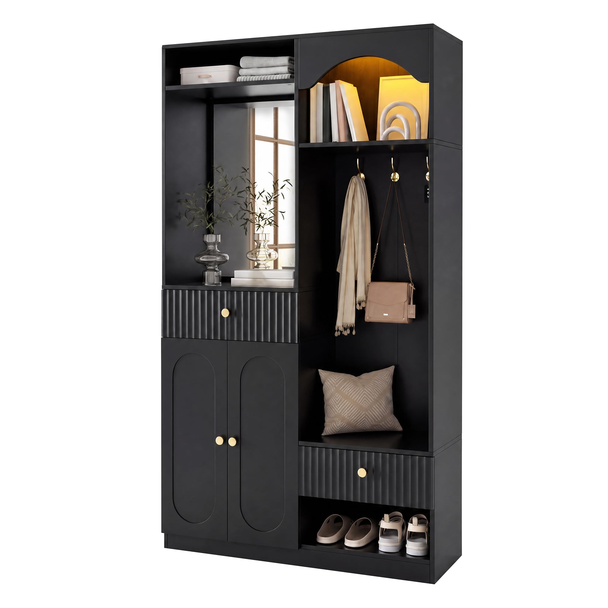 Garderobe Set Garderobenschrank Höhe 180 cm mit LED Licht und Spiegel, Garderobenset Flurgarderoben Set mit Wandgarderobe und Sitzbank, Kompaktgarderobe Flurmöbel mit Haken und 2 Tür, Schwarz
