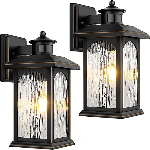 Miniatura 8 de Paquete de 2 luces para exteriores con sensor de movimiento, iluminación marrón del atardecer al amanecer, lámparas exteriores de bronce aceitado,