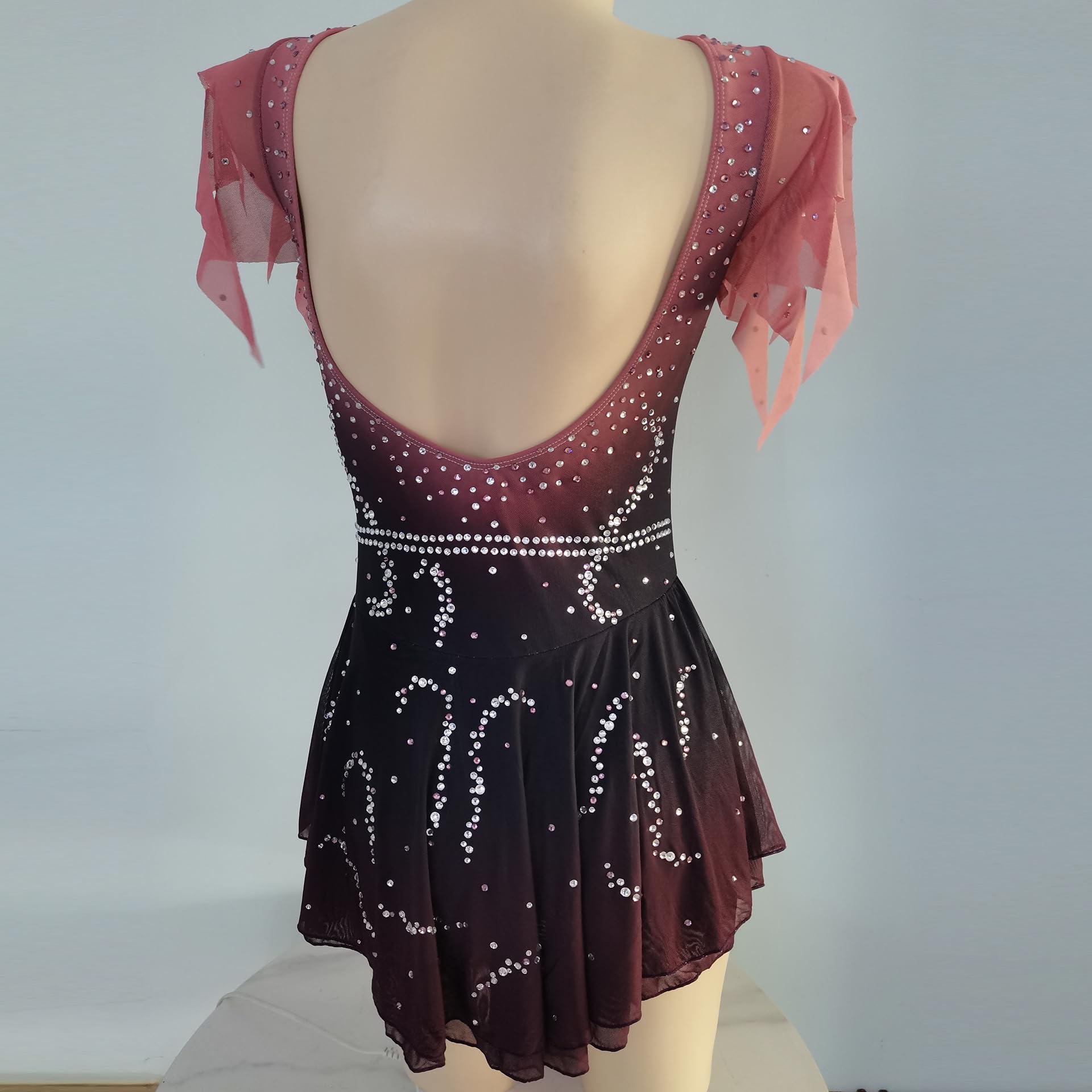 LIUHUO Patinaje Artístico Vestido Rojo-Marrón Brillante Rhinestone Chica Competición Rendimiento