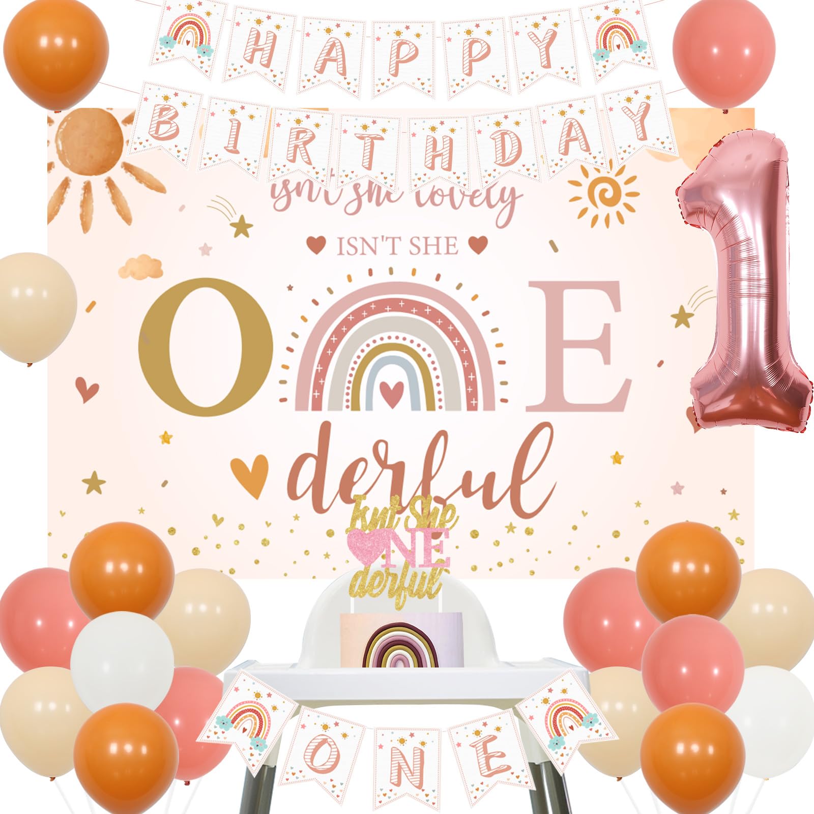 Sursurprise Miss Onderful 1st Birthday Decorations for Girl, Isn't She Lovely Isn't She Onederful Backdrop Cake Topper Boho Rainbow Banner Balloons for Boho First Birthday Party Supplies