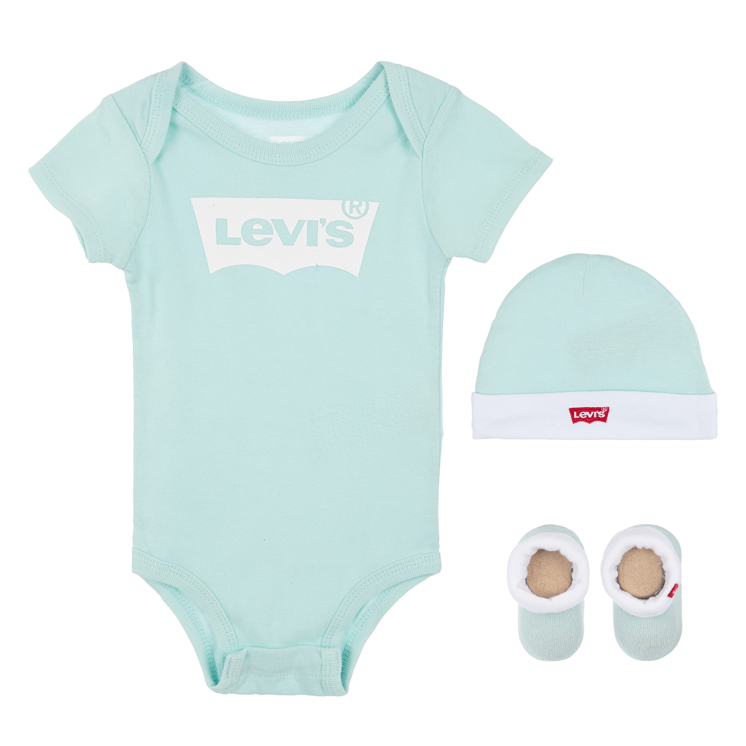 Levi's Kids Unisex Classic Batwing Infant Hat Bodysuit Bootie 3pc BOXED SETS, Green, 0-6 Months UK