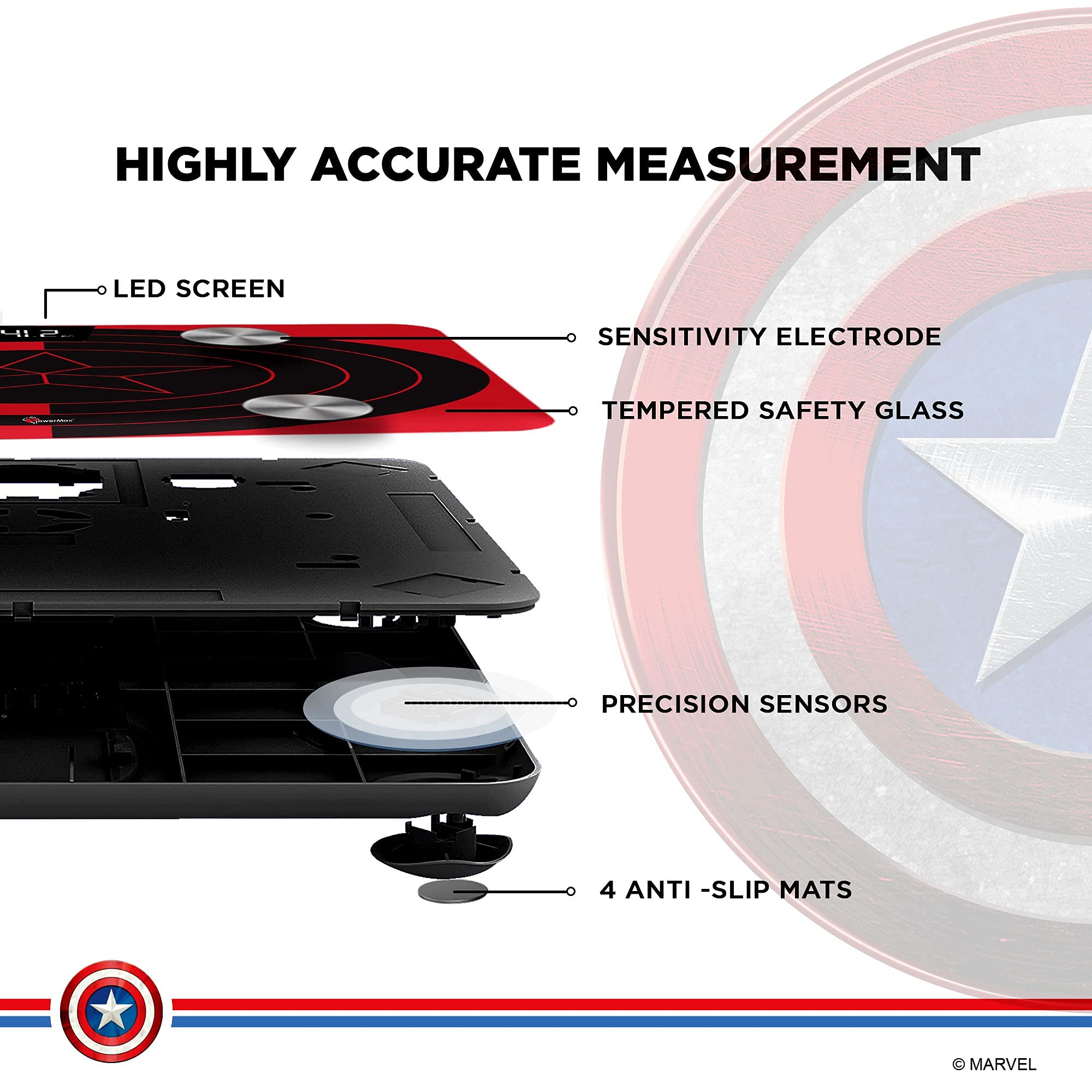 PowerMax X Marvel BCA-130 Marvel Edition Red Captain America Digital Weight Machine for Human Body - High Accuracy Bathroom Weighing Scale with Step-on Technology & Super Durable 6mm Tempered Glass 2