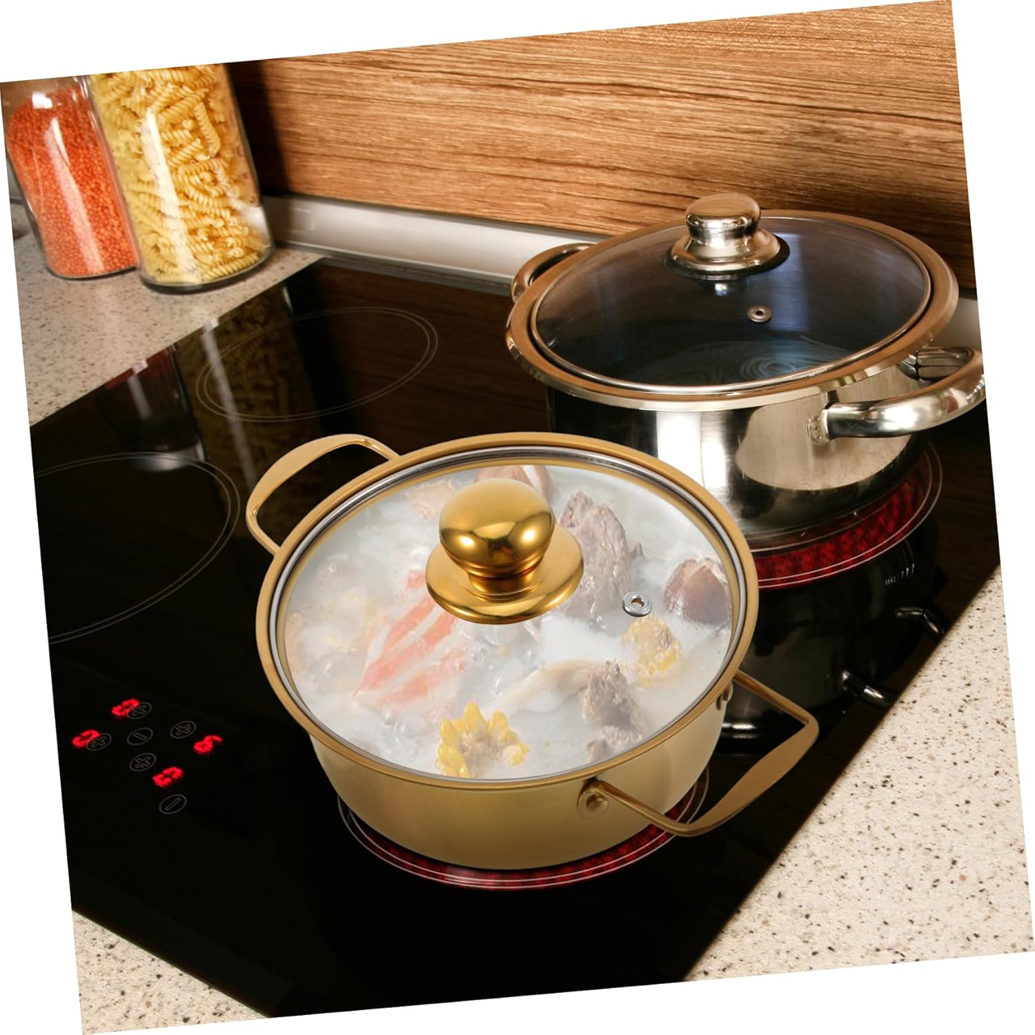 Stainless Steel Induction Ramen Pot Glass Lid Golden Double Handle Soup and Stew Pot for Cooking Noodles and Broths Easy to Clean for Home Kitchen Use