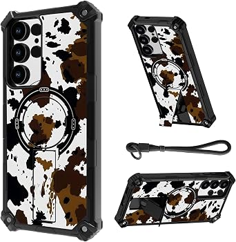 for Samsung Galaxy S24 Ultra Case, Heavy Duty Shockproof Bumper Cover, Magnetic Back & Kickstand, Wrist Strap, Rugged Protective Phone Case for S24 Ultra, Cow Print