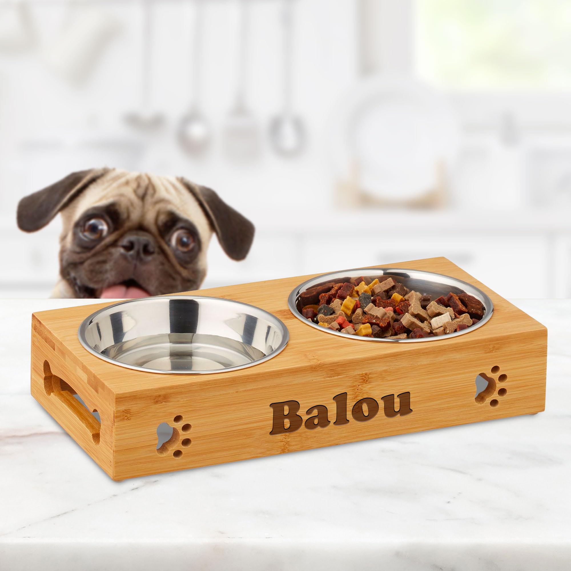 Casa Vivente Personalisierte Futterbar für Hunde, Wassernapf und Futternapf aus Edelstahl, Erhöhter Napf für kleine Hunde, mit Namensgravur und Holzoptik
