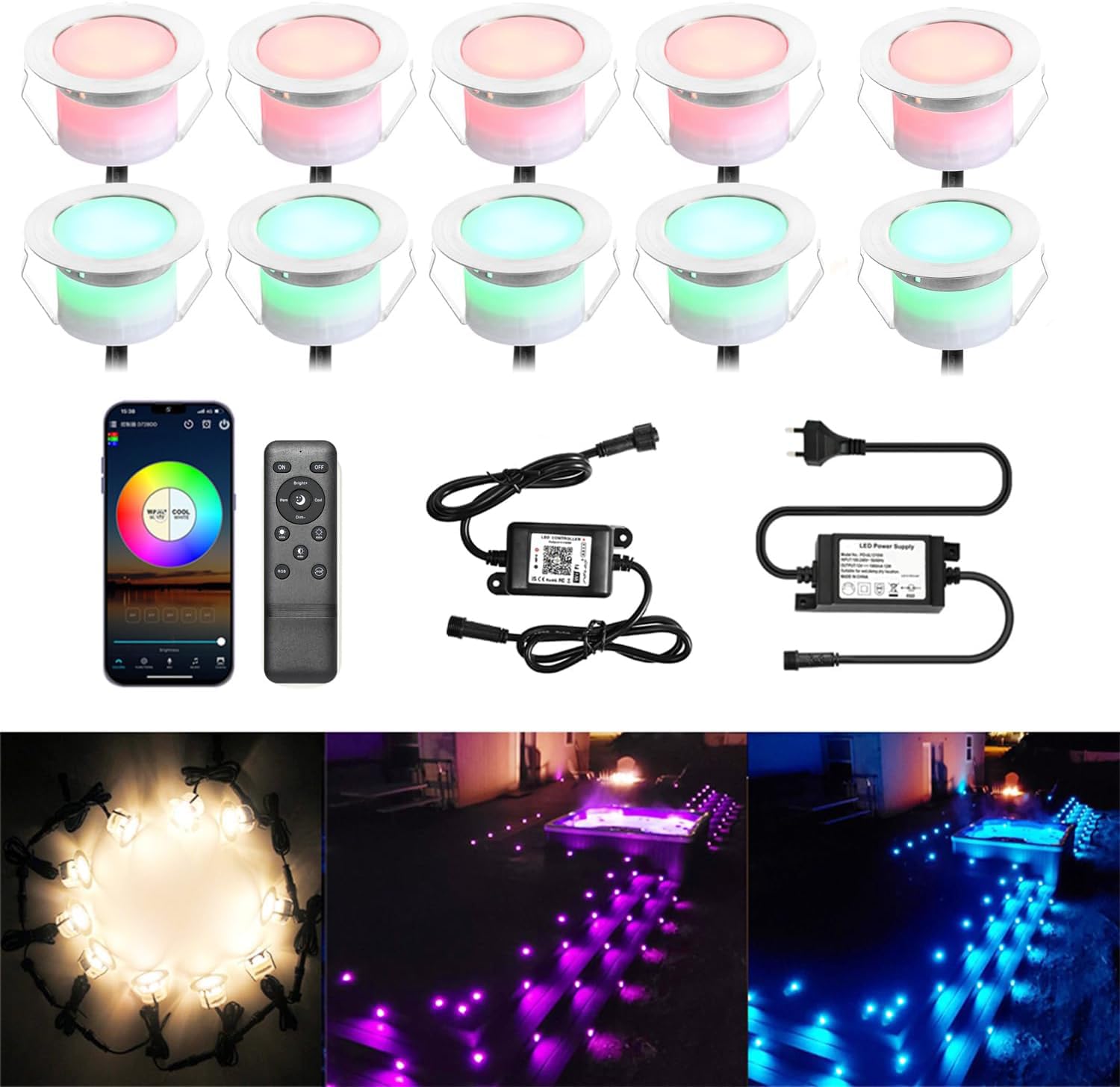 Lot de 10 Wifi Spot Led Eclairage extérieur RGBW(RGB+Blanc Chaud) Spot Led Extérieur Encastrable Compatible avec Google Home Assistant/Alexa, Ø45mm IP67 Kit complet