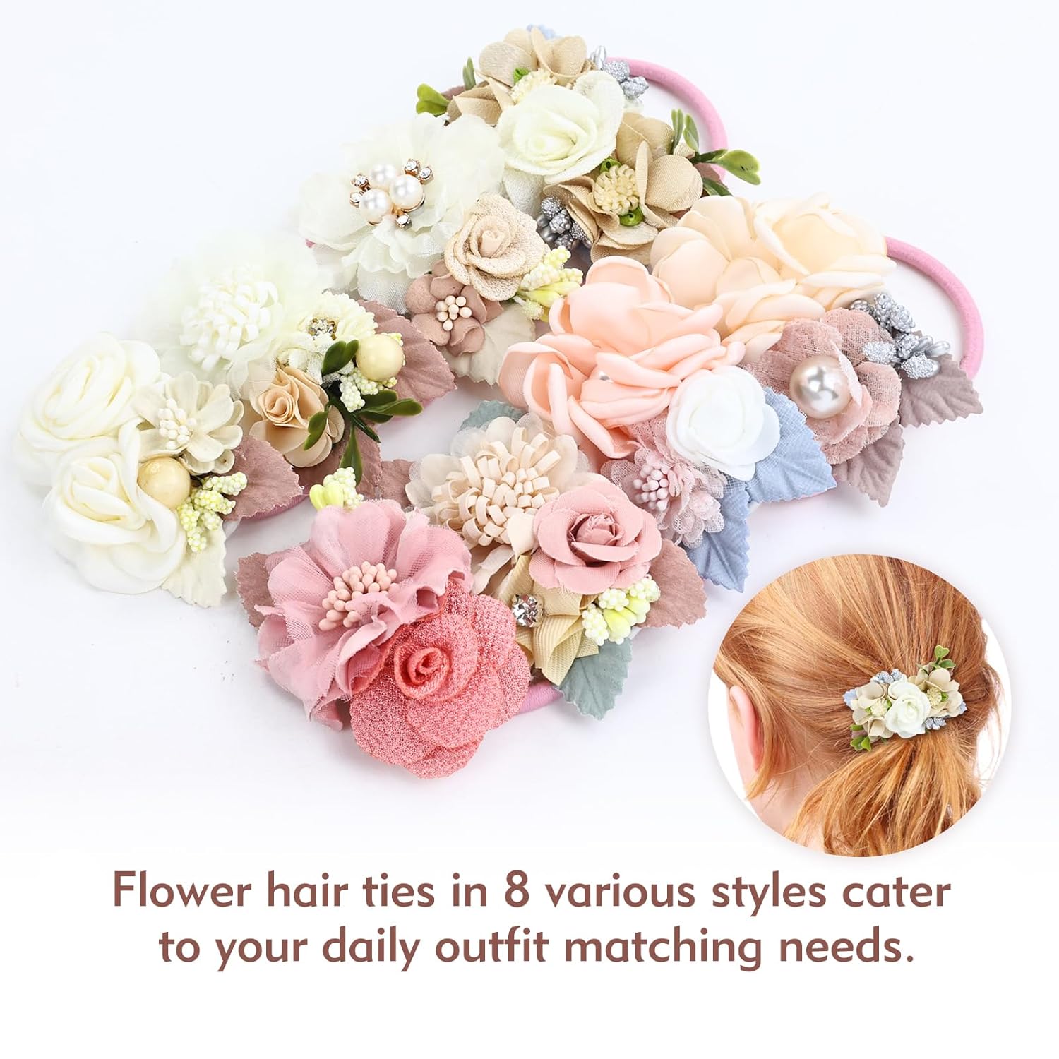 Pearl Blossom Hair Tie Set of 4 – Elegant Floral Elastics with Crystal Accents Floral Hair Tie Set, Rhinestone & Crystal Bridal Hair  main image 2