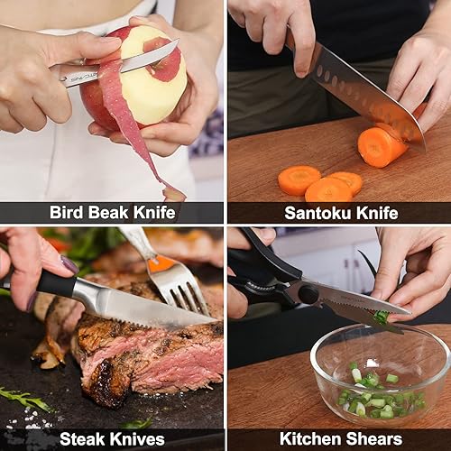 Miniatura 5 de Juego de cuchillos con bloque de 17 piezas, juego de cuchillos de cocina con afilador, juego de cuchillos negros de acero inoxidable para cortar,