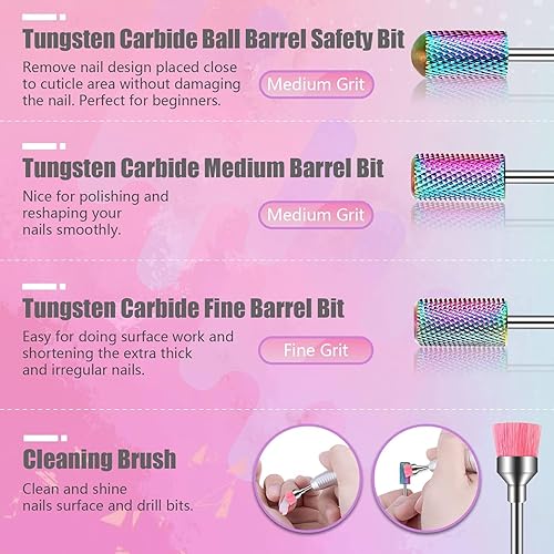 Miniatura 2 de Depvko Juego de 21 brocas de uñas con estuche rosa portátil, brocas de 332 pulgadas para uñas, brocas de carburo de diamante de cerámica, brocas