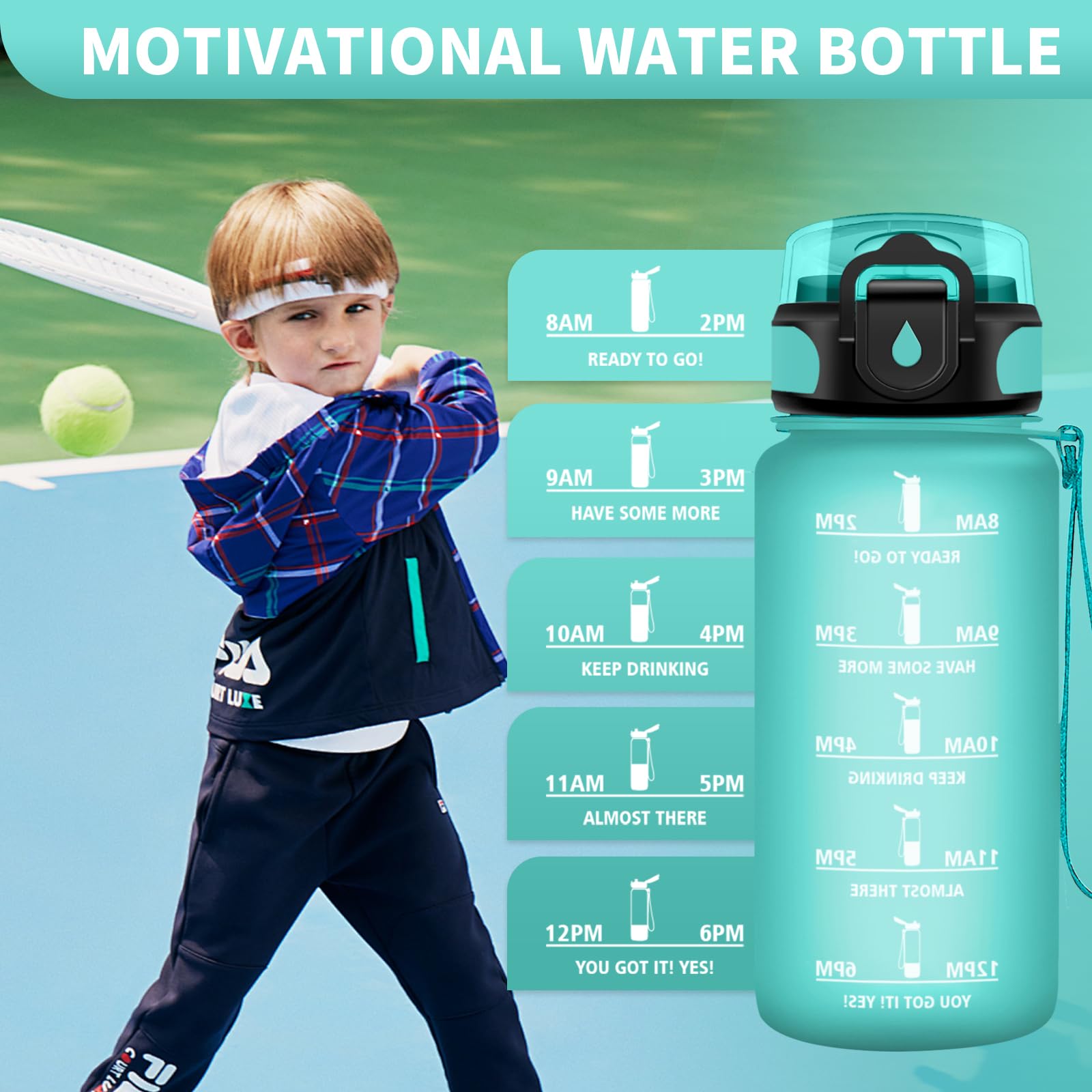 Borraccia 500ml, Bottiglia con Cannuccia, Bottiglia a Prova di Perdite, Bottiglia Plastica Riutilizzabile, Borraccia Sportiva con Indicatore del Tempo Motivazionale, Borracce per Scuola, Bambini