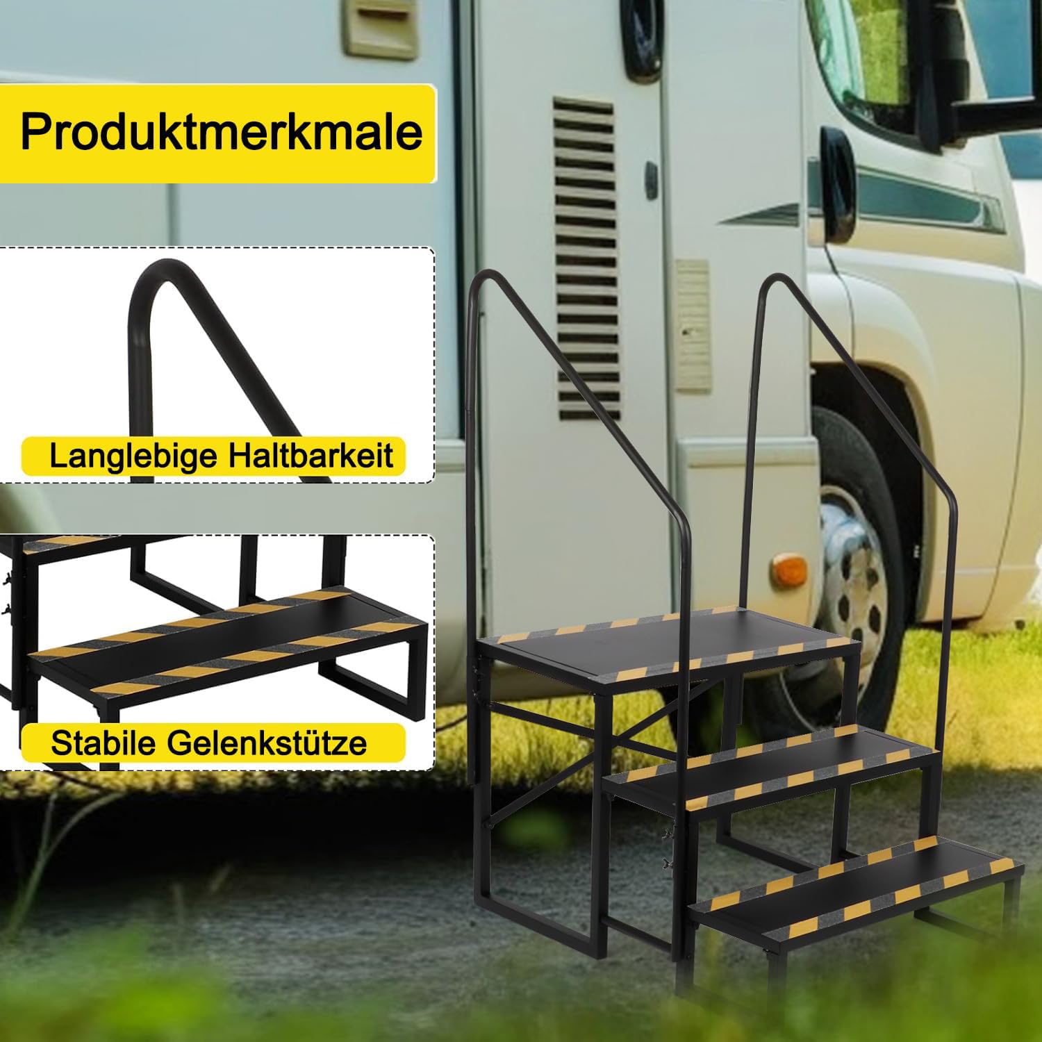 Escalera de 3 peldaños para autocaravana, capacidad de carga de 200 kg, con 2 pasamanos, taburete antideslizante, para remolques de viaje