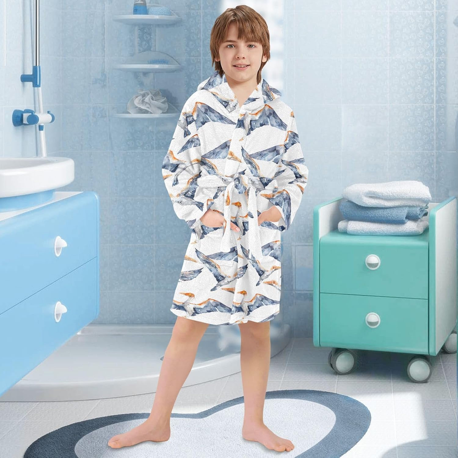 senya Pterosaurs Watercolor Toddler Hooded Bathrobe Kids Soft Plush Bath Towel Robes for Boys Girls 2-12 Years