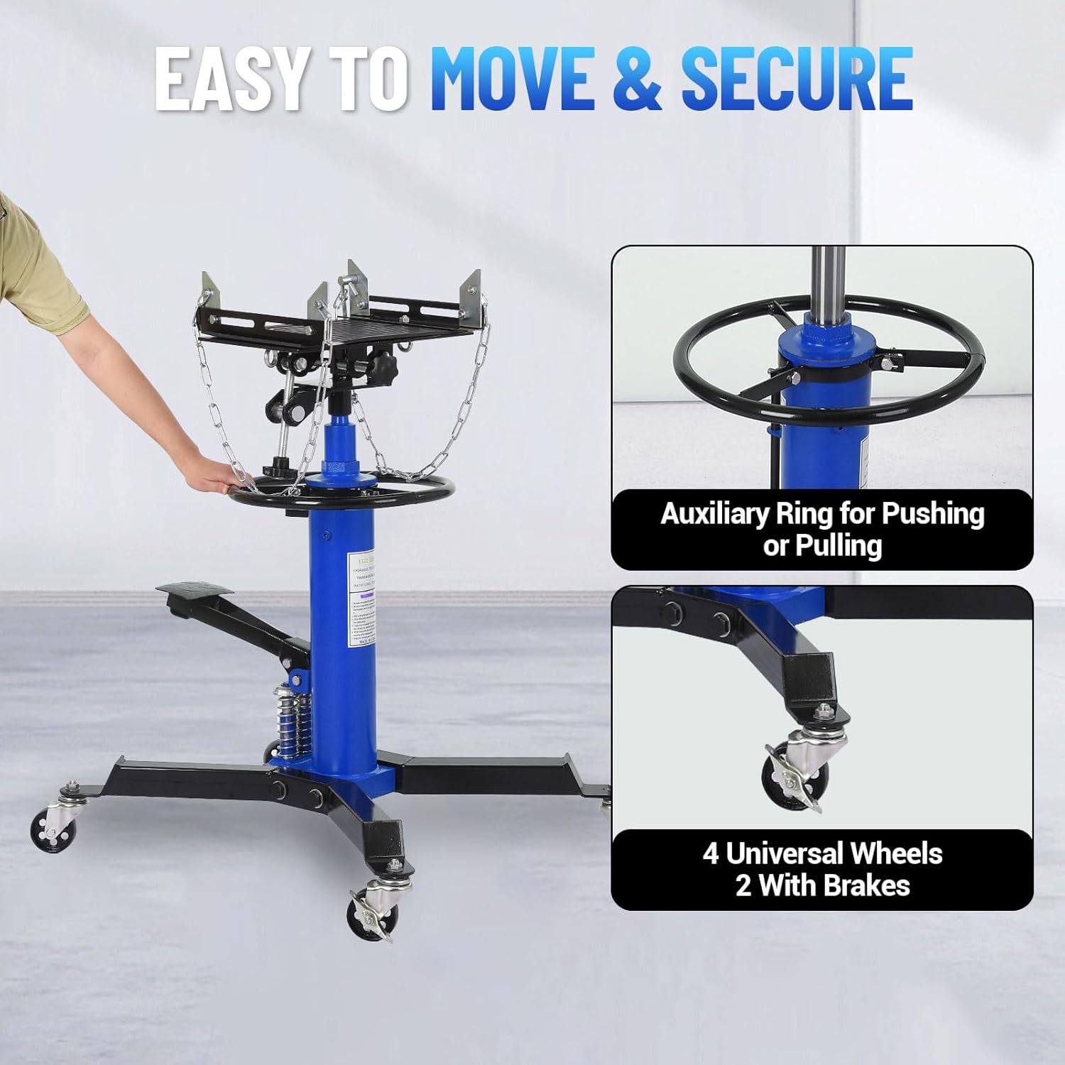 1322-Pound Capacity Dual-Column Hydraulic Jack 33.5“-69” High-Lift Two-Stage Hydraulic Telescopic Jack with 8Mm Anti-Slip Pad, Foot Pedal, and Swivel Casters - Blue