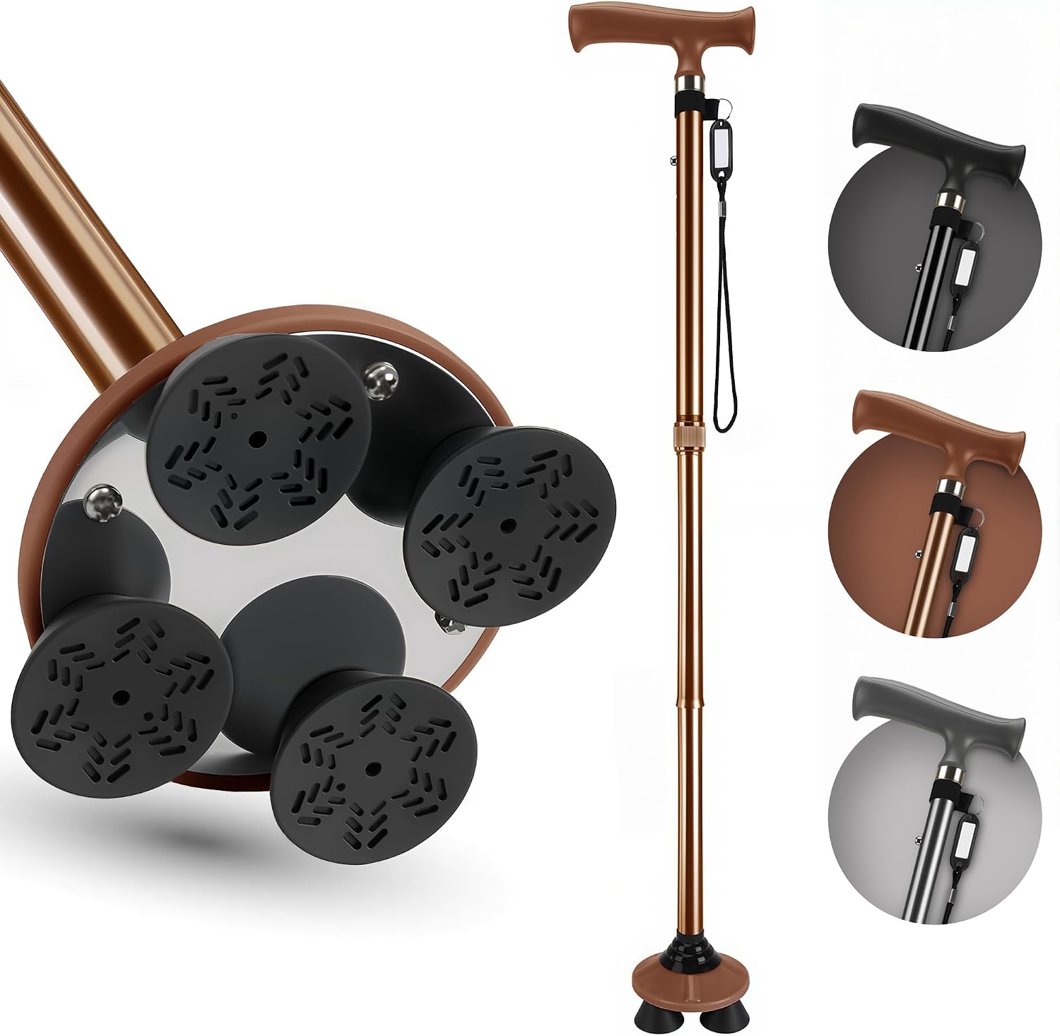 Walking Cane for Women & Men, Foldable Quad Cane for Seniors & Adults, Heavy Duty 440 lbs, Self Standing 4-Point Base with 360° Pivot, Adjustable Collapsible Walking Stick for Balance & Stability
