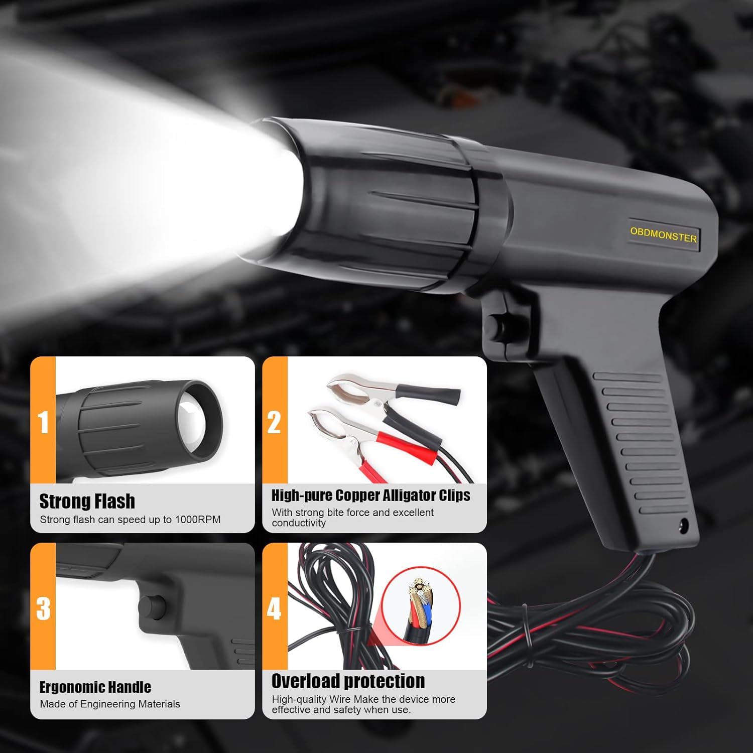 Pistola Estroboscópica Lámpara Estroboscópica con Pinzas,OBDMONSTER Inductivas Digital para Coches y Motos 12V Pistola Estroboscopica, Lámpara Inductiva