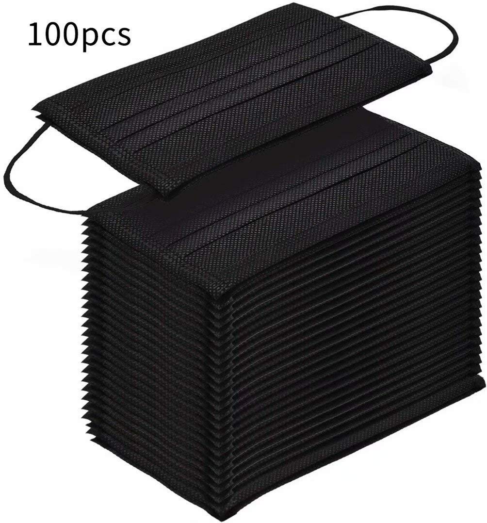 Black Face Mask 100pcs Disposable Masks Breathable 3 Layer Dust Filter Masks Mouth Cover with Elastic Ear Loop for Adult Men & Women