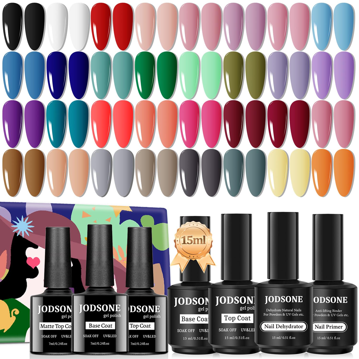 JODSONE 39-Piece Gel Nail Polish Set - 32 Colors, 4x15ML, Kit Includes Nail Dehydrator, Primer, Base Coat, Top Coat, Quick Drying, Durable Finish