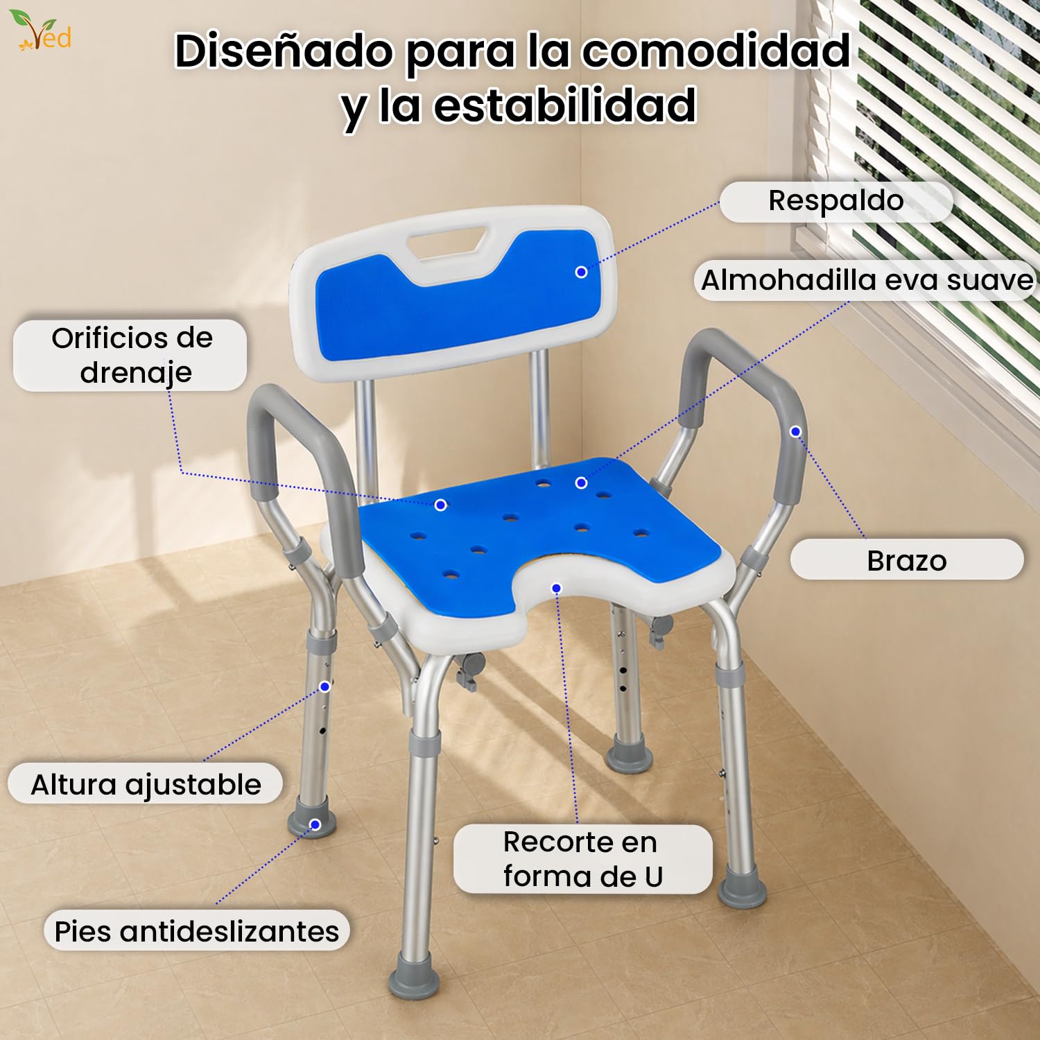 Silla de Ducha VED, Asientos de Ducha en Forma de U con reposabrazos y Respaldo, Taburete de Ducha Ajustable en Altura de 6 Pulgadas, Silla de bañera, Capacidad de 330 LB