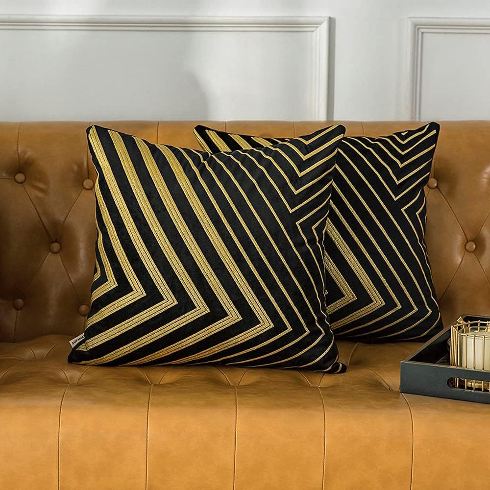 SofaMATE Pack of 2 Velvet Throw Pillow Cover 18x18 with Luxury Bronzing Decorative Square Pillowcases Set for Couch Living Room Cushion Bedroom and Sofa,Black