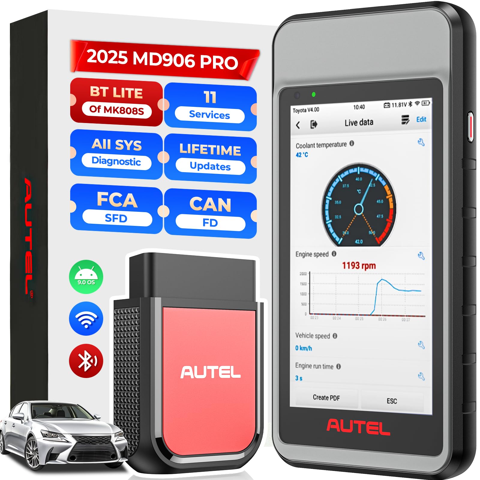 Autel MaxiDiag MD906 PRO OBD2 Scanner, 2025 MD906PRO All Sys Diagnostic Scan Tool Same as MD909 PRO, BT Lite of MK808S, CAN FD, 11 Services, 10 OBDII Test Modes, FCA, Free Update, Up of MD808Pro MD806